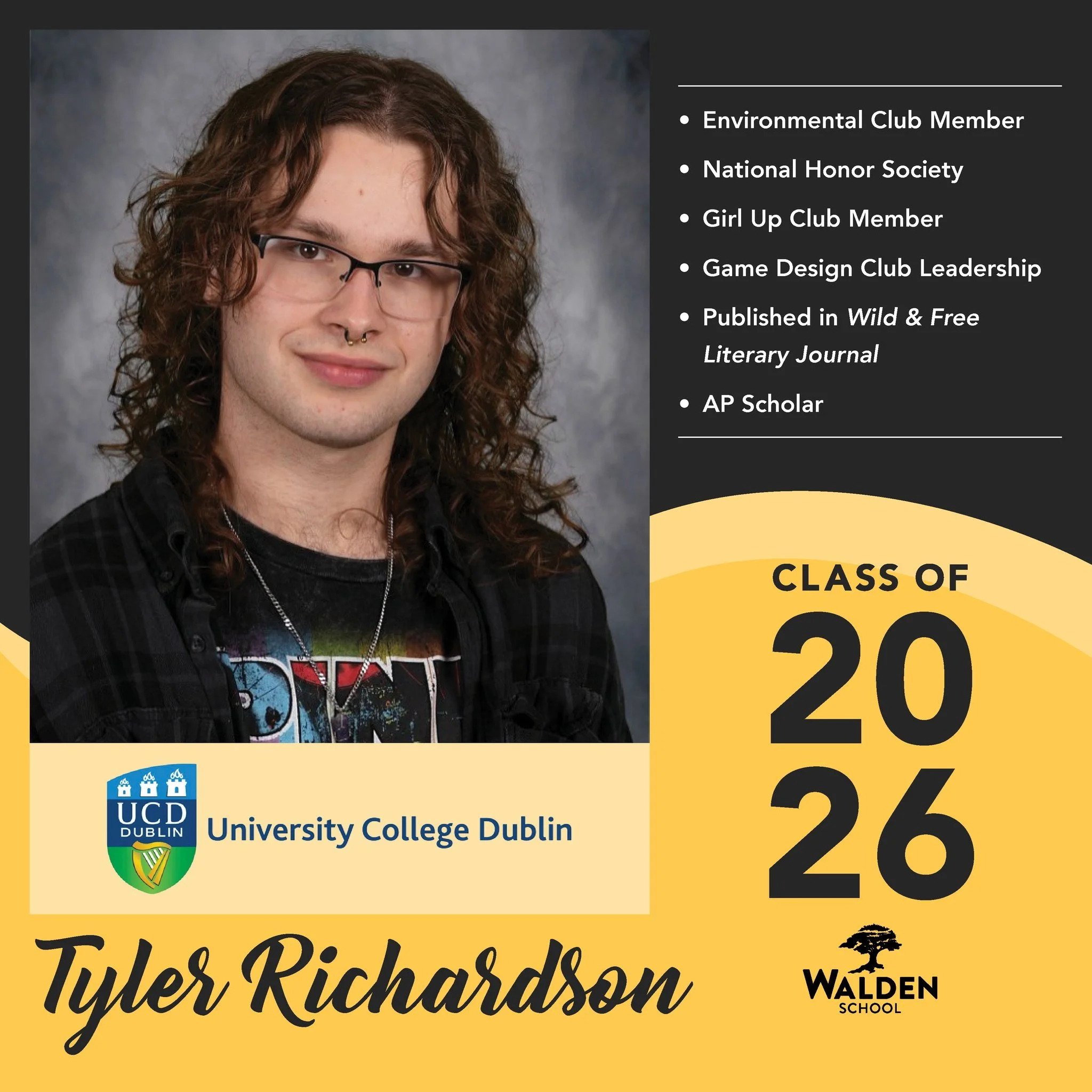 🎓 Today's Senior Spotlight is Tyler Richardson!

Tyler has made a strong impact at Walden through his involvement in Environmental Club, National Honor Society, Girl Up Club, and Game Design Club Leadership. He was also published in the Wild &amp; F
