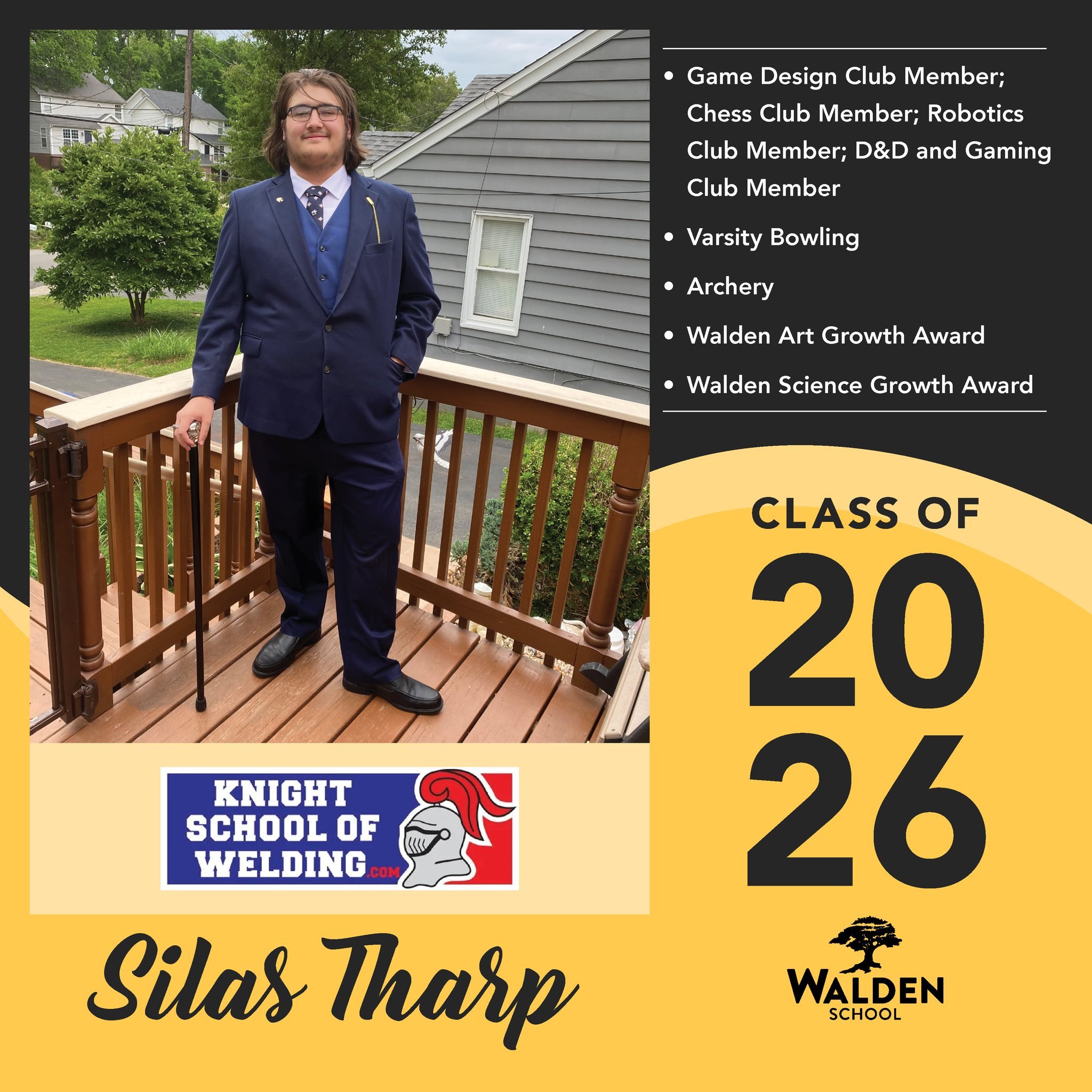 🎓 Today's Senior Spotlight is Silas Tharp!
Silas has been an active member of the Walden community through his involvement in Game Design Club, Chess Club, Robotics Club, and D&amp;D &amp; Gaming Club. He also competed in Varsity Bowling and Archery