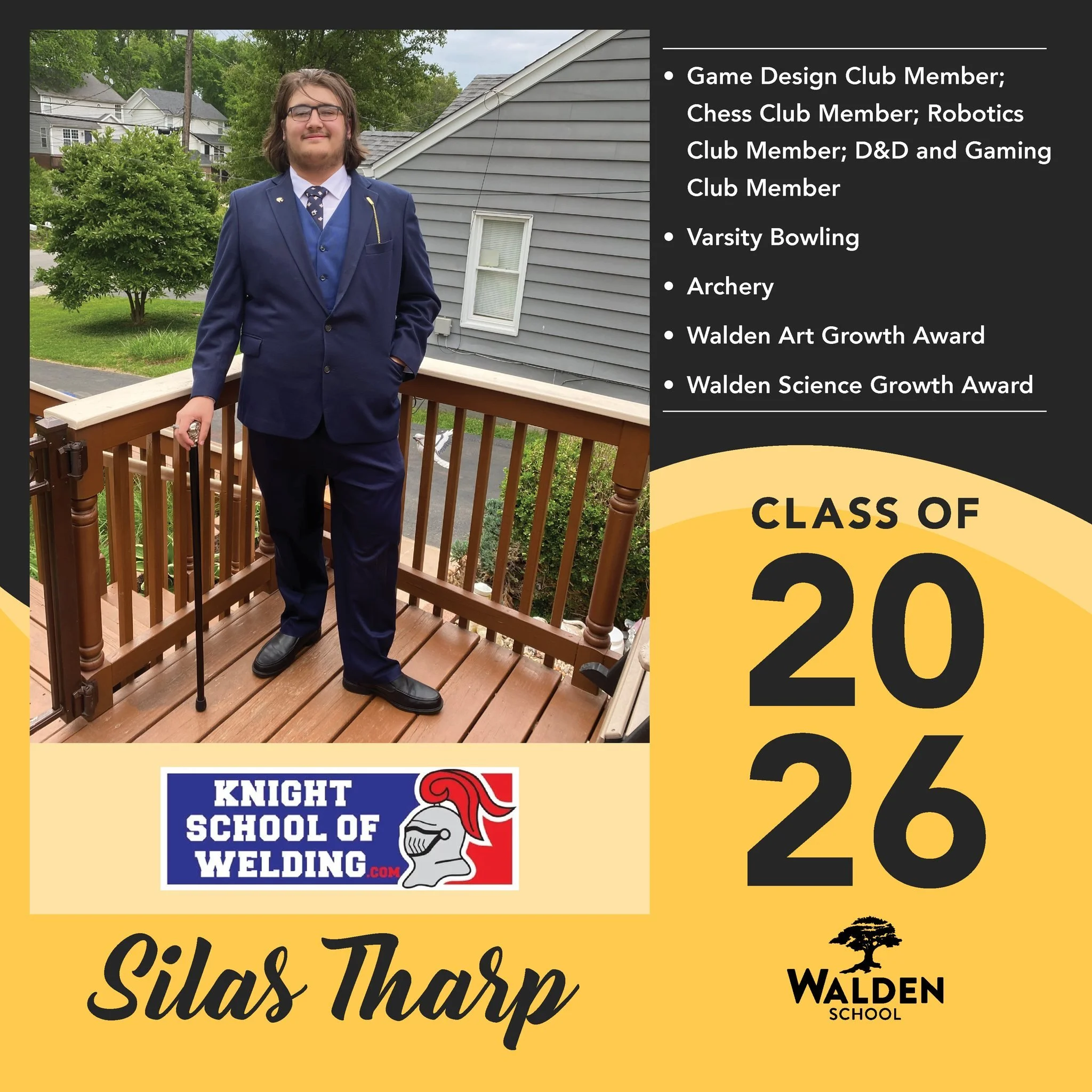 🎓 Today's Senior Spotlight is Silas Tharp!
Silas has been an active member of the Walden community through his involvement in Game Design Club, Chess Club, Robotics Club, and D&amp;D &amp; Gaming Club. He also competed in Varsity Bowling and Archery