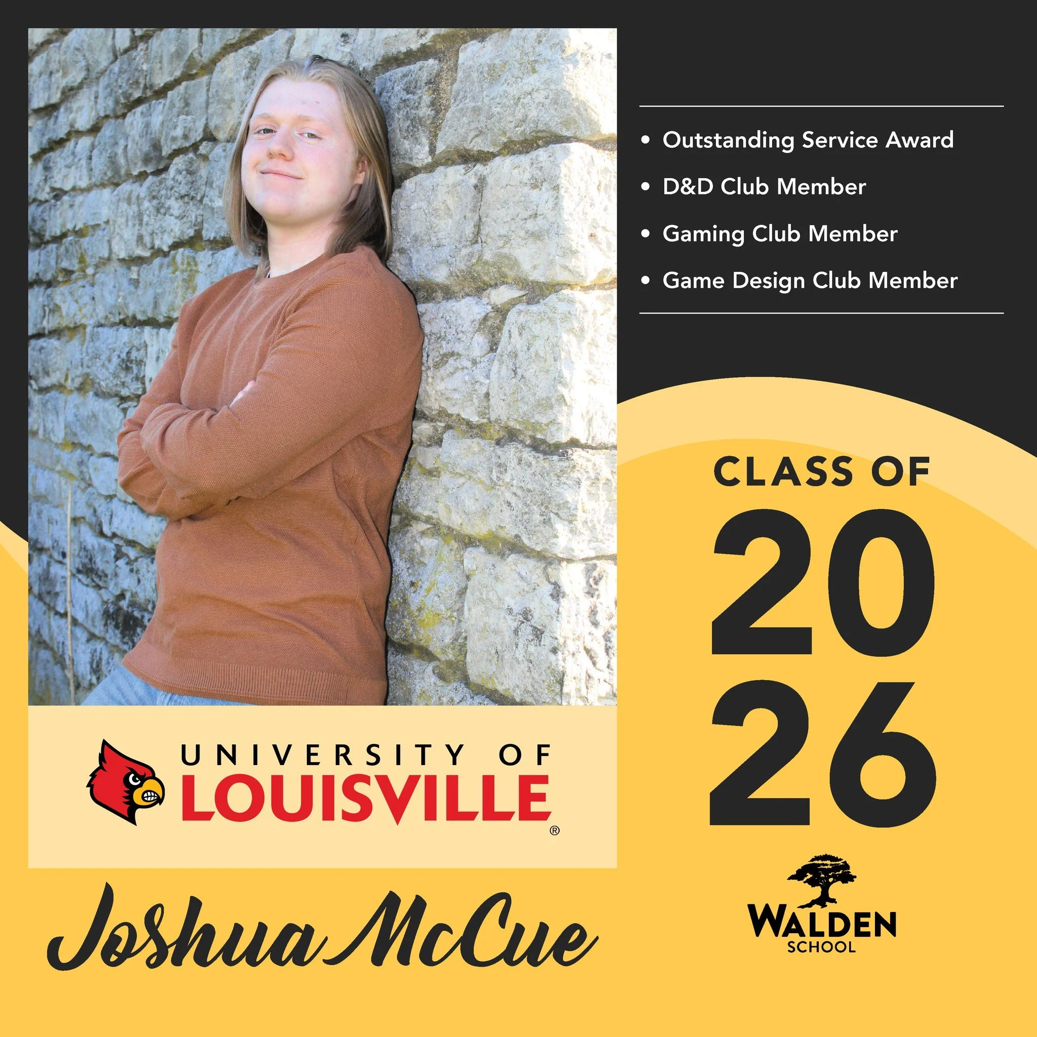 🎓 Today's Senior Spotlight is Joshua McCue!

Joshua has been an active member of the Walden community through D&amp;D Club, Gaming Club, and Game Design Club. His dedication and involvement also earned him the Outstanding Service Award.

➡️ Next sto