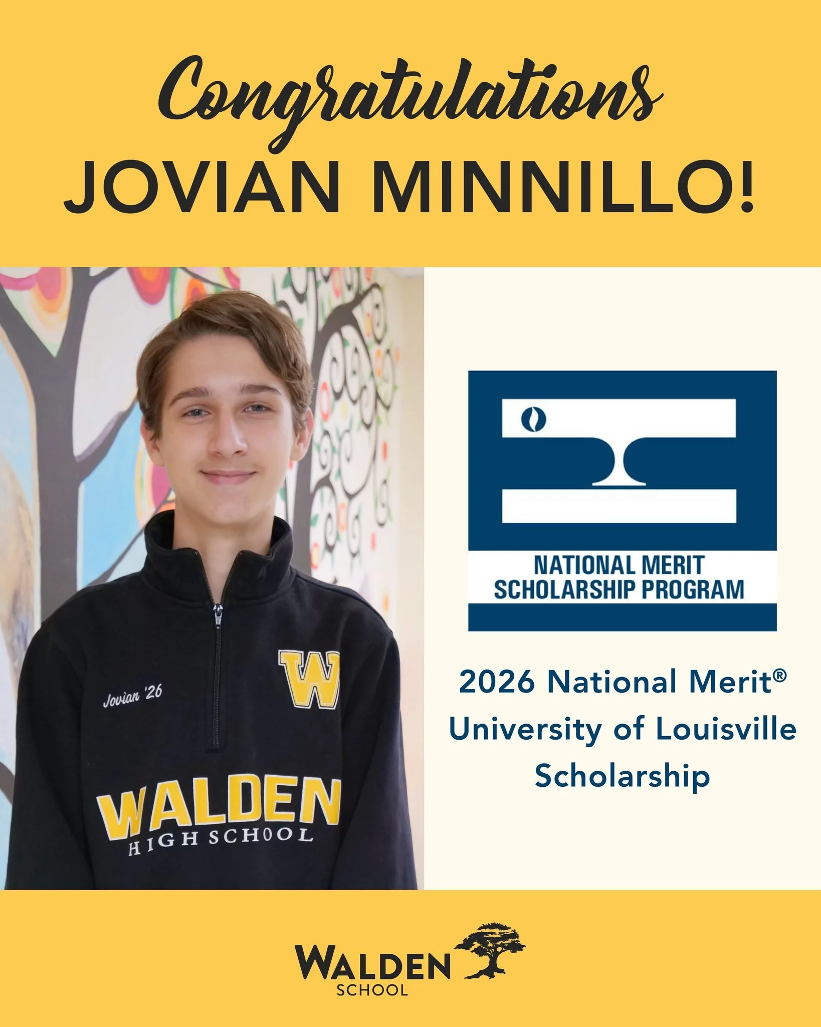 🏅 Congratulations to Walden student Jovian Minnillo on being awarded a 2026 National Merit&reg; University of Louisville Scholarship!

This distinction places Jovian among the nation's highest-achieving students. Each year, more than 1.3 million stu
