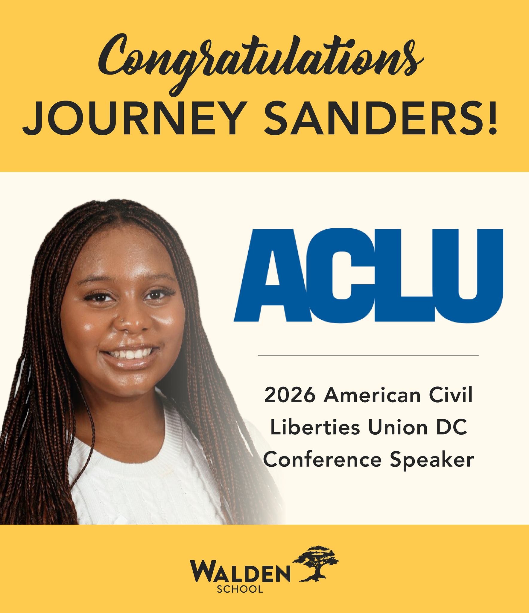 Congratulations to Walden senior Journey Sanders! 👏

Journey is representing our community in Washington, D.C., where she's participating in an ACLU advocacy conference and learning firsthand about the legislative process. She volunteered to deliver