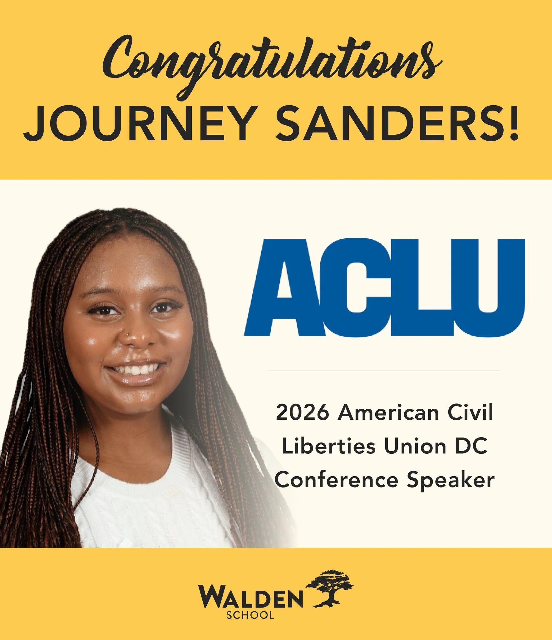 Congratulations to Walden senior Journey Sanders! 👏

Journey is representing our community in Washington, D.C., where she's participating in an ACLU advocacy conference and learning firsthand about the legislative process. She volunteered to deliver