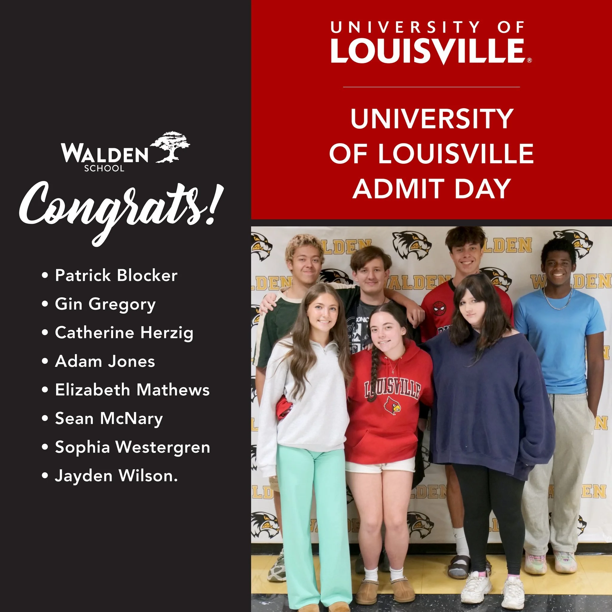 Eight Walden seniors received same-day admission to the University of Louisville last week during our second annual UofL Admit Day!

We were thrilled to welcome UofL Admissions Counselor Kevin Buckley to campus to meet with our seniors, provide admis