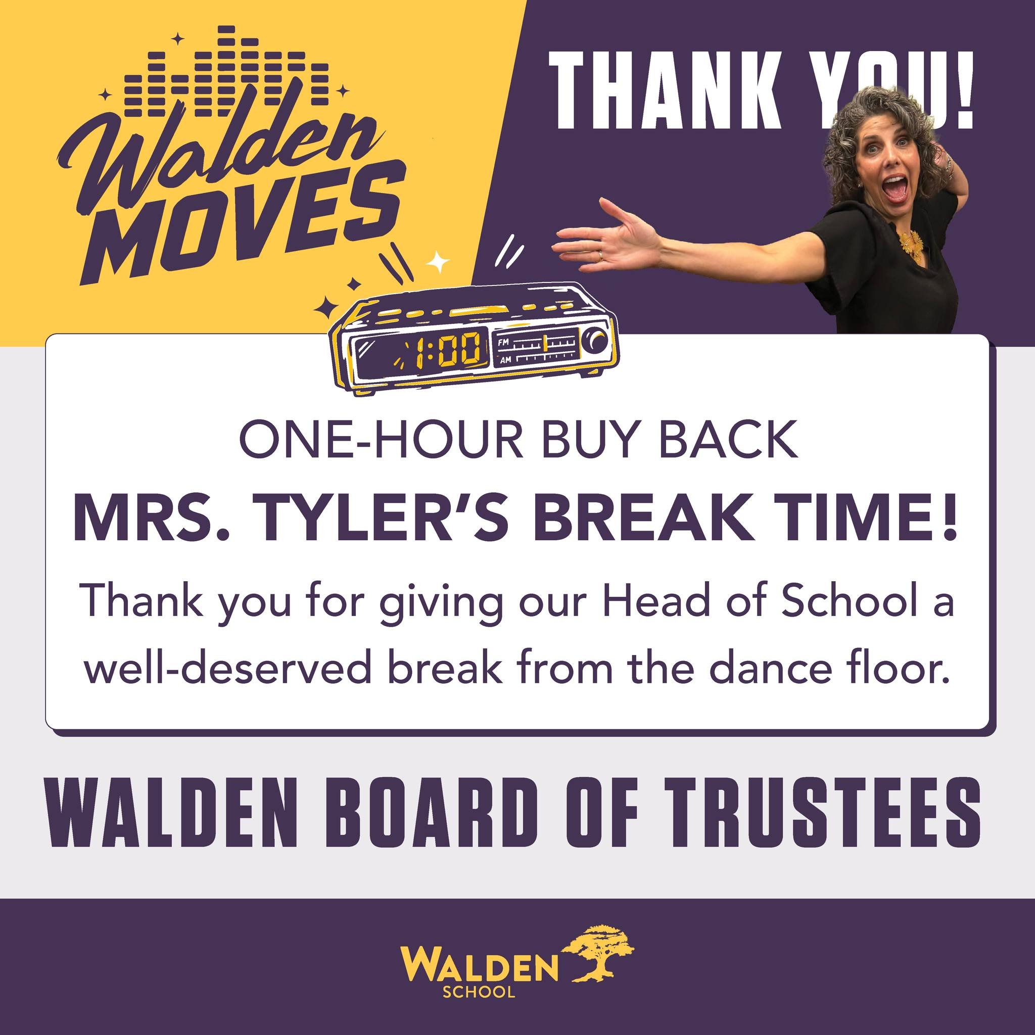 Time for another break! Thank you to the Walden Board of Trustees for buying back Mrs. Tyler&rsquo;s 6:00pm hour and helping her recharge before heading back to the dance floor. 💃 #waldenschool #waldenmoves #gowalden

Register or donate: https://sec