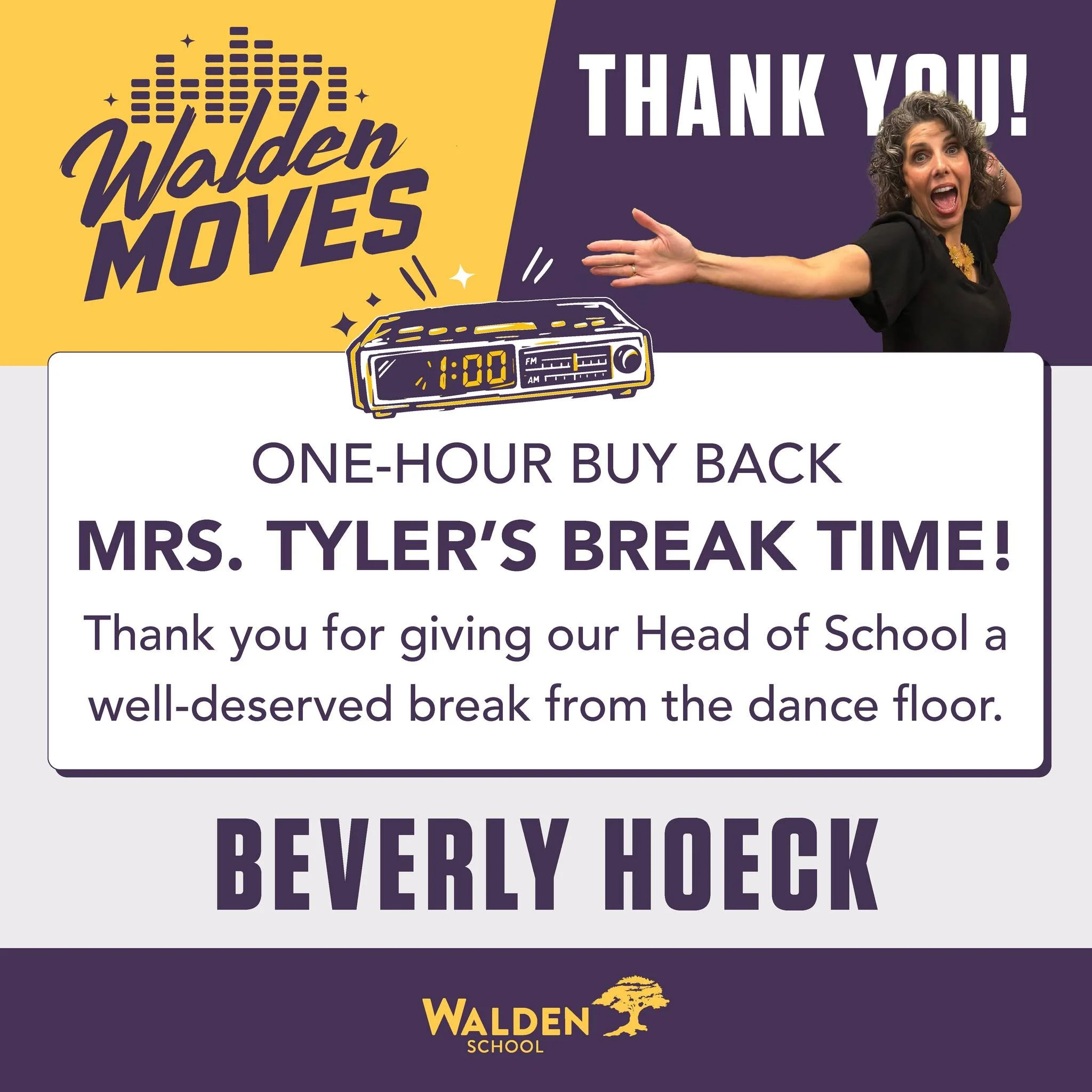Another break as we head toward the finish line! Thank you to Beverly Hoeck for buying back Mrs. Tyler&rsquo;s 8:00am hour and giving our Head of School a well-deserved rest from the dance floor. 💜 #gowalden #waldenschool #waldenmoves

Register or d