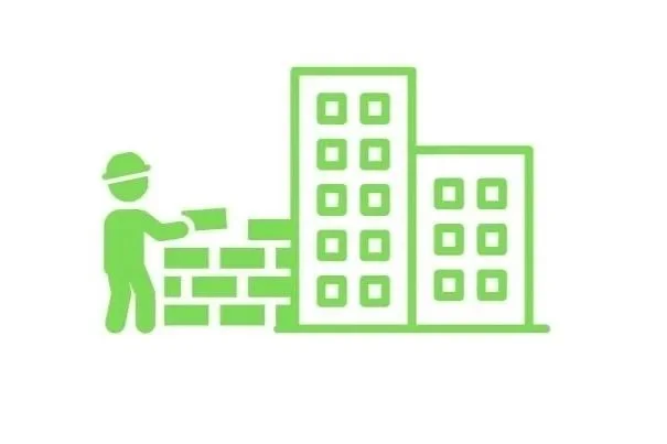 Green icon of a construction worker building a brick wall in front of two high-rise buildings.