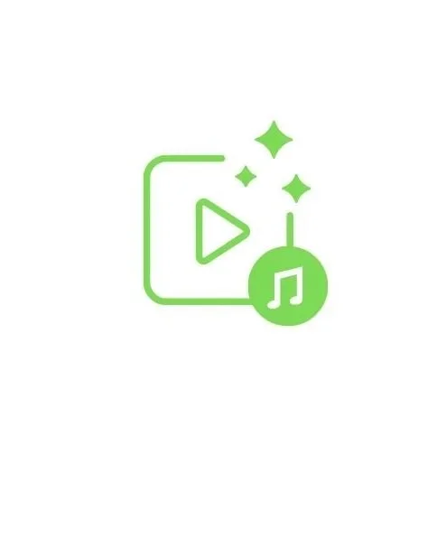Green icon representing video or media content with a play button, sparkles, and a music note.