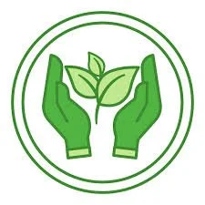 Green hands holding a plant with leaves, surrounded by a circular border.