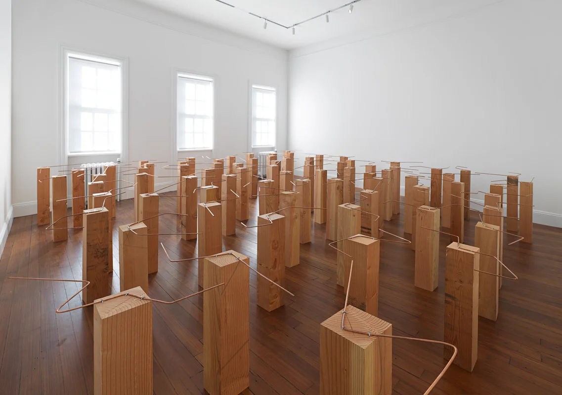 Multiple Latencies in Formation , 2014 複潜化 ( Fukusenka ) Wood, wire 77 parts; 27 1/2 x 4 5/8 x 4 5/8 inches each (69.9 x 11.7 x 11.7 centimeters) Installed dimensions variable Installation view, Blum & Poe, New York, 2015 Courtesy Blum & Poe, Los Angeles / New York / Tokyo