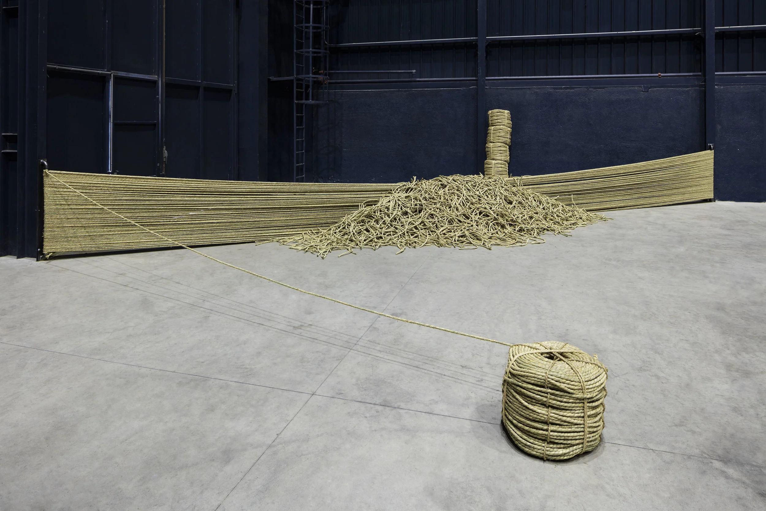 Fieldology , 1974/2016 Straw rope Dimensions variable Installation view, Kishio Suga: Situations , Pirelli HangarBicocca, Milan, 2016 Photo: Agostino Osio; Courtesy Pirelli HangarBicocca, Milan