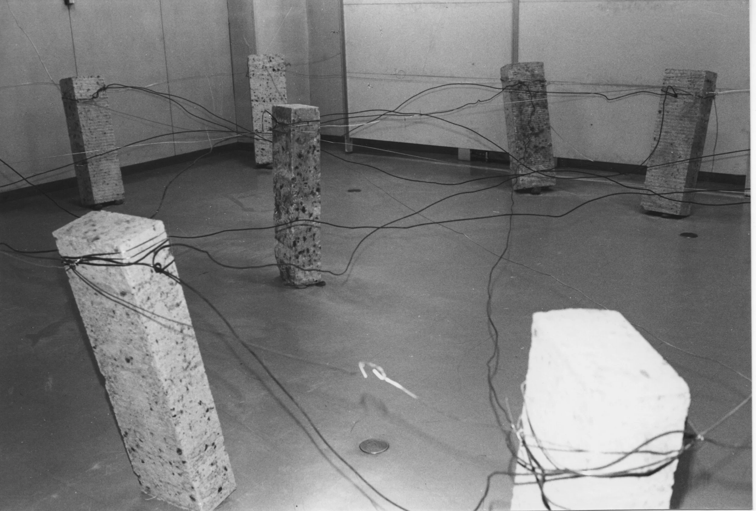 Placement of Condition , 1973 状況置 ( Jōkyōchi ) Oya stone, wire Dimensions variable Installation view, Cause of Situation , Morioka City Hall, 1973 Photo: Kishio Suga