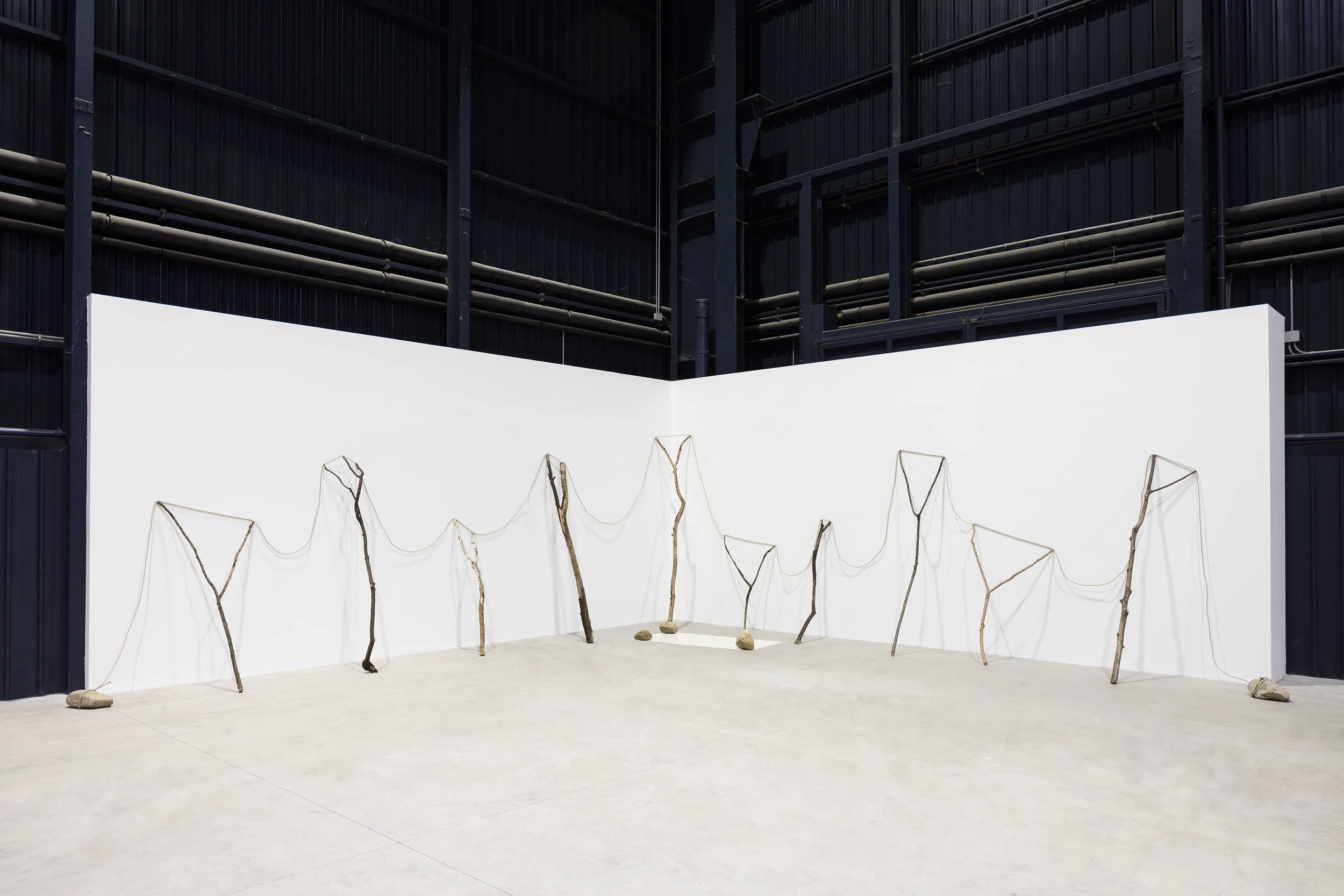 Continuous Existence—HB , 1977/2016 連界—HB ( Renkai—HB ) Rope, branches, stones, painted zinc plate Dimensions variable Installation view, Kishio Suga: Situations , Pirelli HangarBicocca, Milan, 2016 Photo: Agostino Osio; Courtesy Pirelli HangarBicocca, Milan