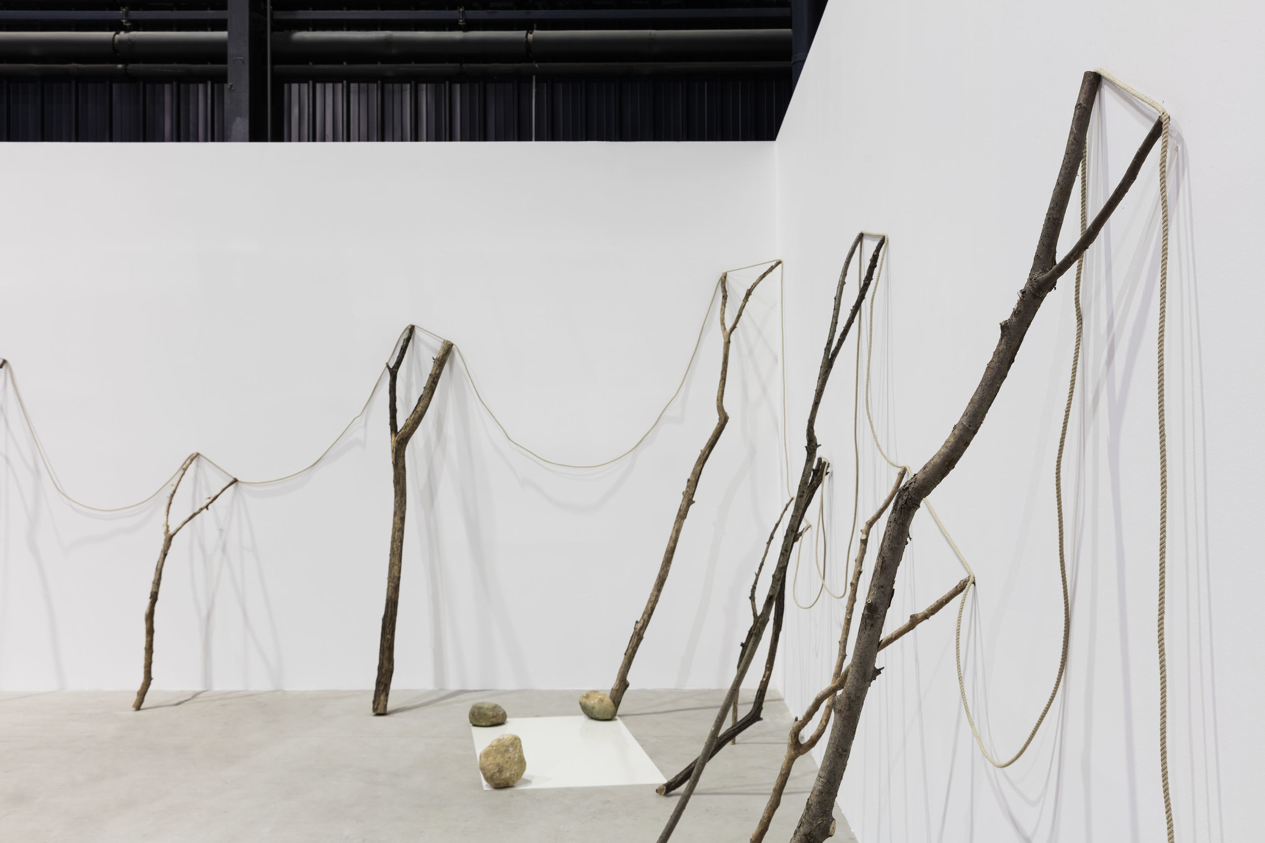 Continuous Existence—HB , 1977/2016 連界—HB ( Renkai—HB ) Rope, branches, stones, painted zinc plate Dimensions variable Installation view, Kishio Suga: Situations , Pirelli HangarBicocca, Milan, 2016 Photo: Agostino Osio; Courtesy Pirelli HangarBicocca, Milan