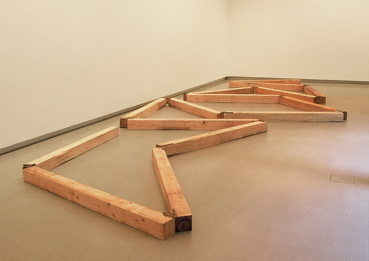 Contorted Positioning , 1982/1997 曲位 ( Kyokui ) Wood, twigs Dimensions variable Installation view, Kishio Suga , Hiroshima City Museum of Contemporary Art, 1997 Photo: Tsuyoshi Satoh