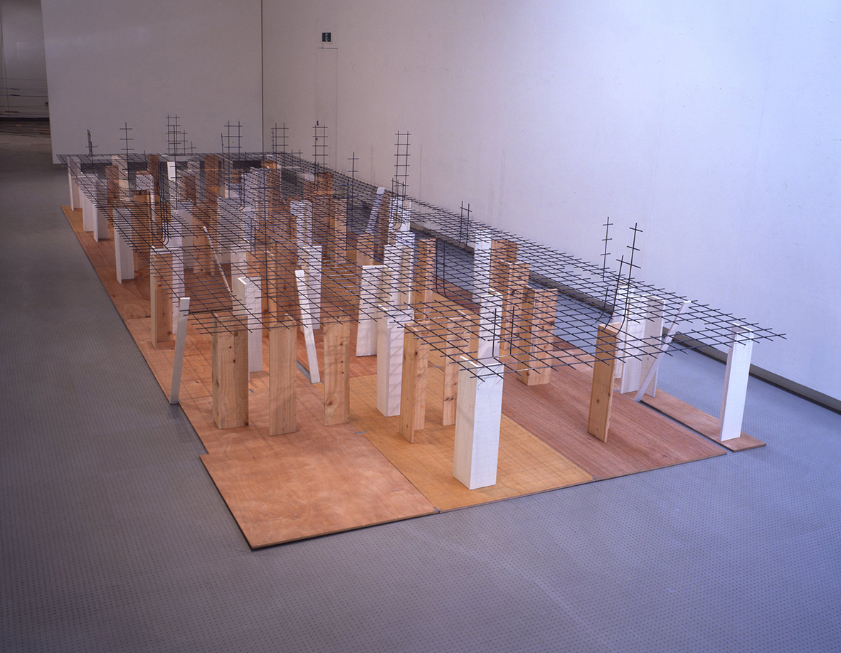 Disseminating Territory , 1996 領域を敷く ( Ryōiki wo Shiku ) Wood, paint, wire mesh 153 x 300 x 900 cm Installation view, Kishio Suga , Hiroshima City Museum of Contemporary Art, Hiroshima, 1997 Courtesy Hiroshima City Museum of Contemporary Art