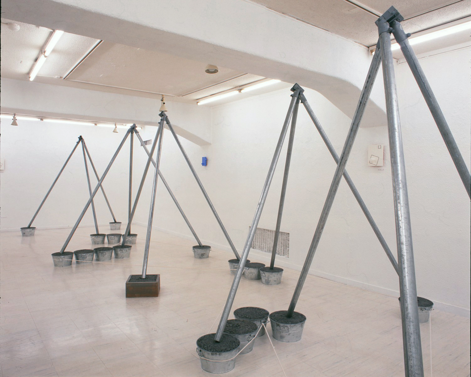 The Cultivation of Mother Earth , 2000 大地の育成 ( Daichi no Ikusei ) Steel pipes, buckets, wooden box, rope 310 x 935 x 228 cm Installation view, Tokyo Gallery, Tokyo, 2000 Courtesy Tokyo Gallery + BTAP