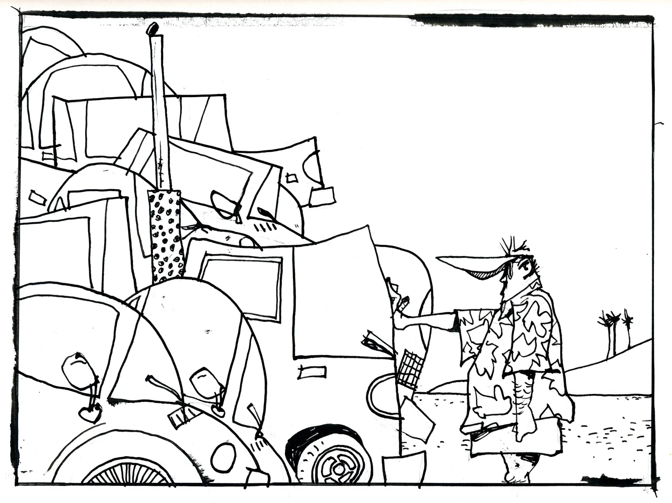 Here a beach-bum halts the traffic with casual, super-human strength.