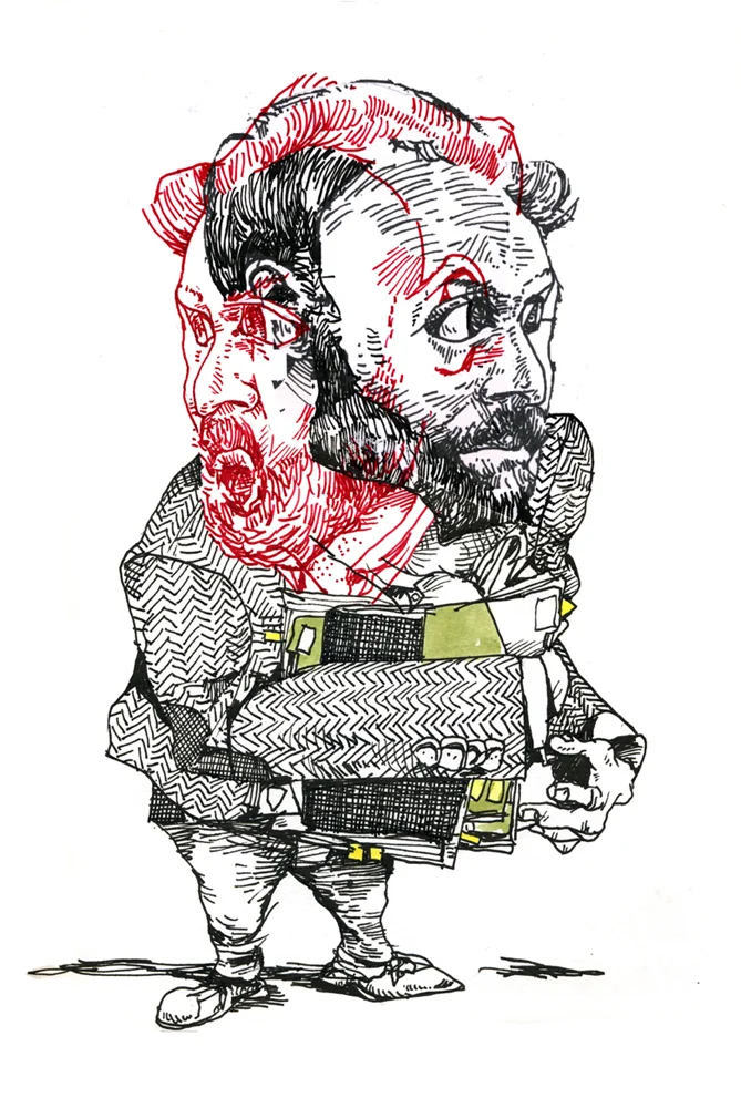 Digitally, I cropped the banjo player's face out of the subway drawing, printed it out, trimmed it and taped it onto a few pages of a sketchbook, fleshing out some ideas. Here, he looks over his paranoid shoulder at what other scholars might be doing/who might be plagiarizing his brilliant ideas.
