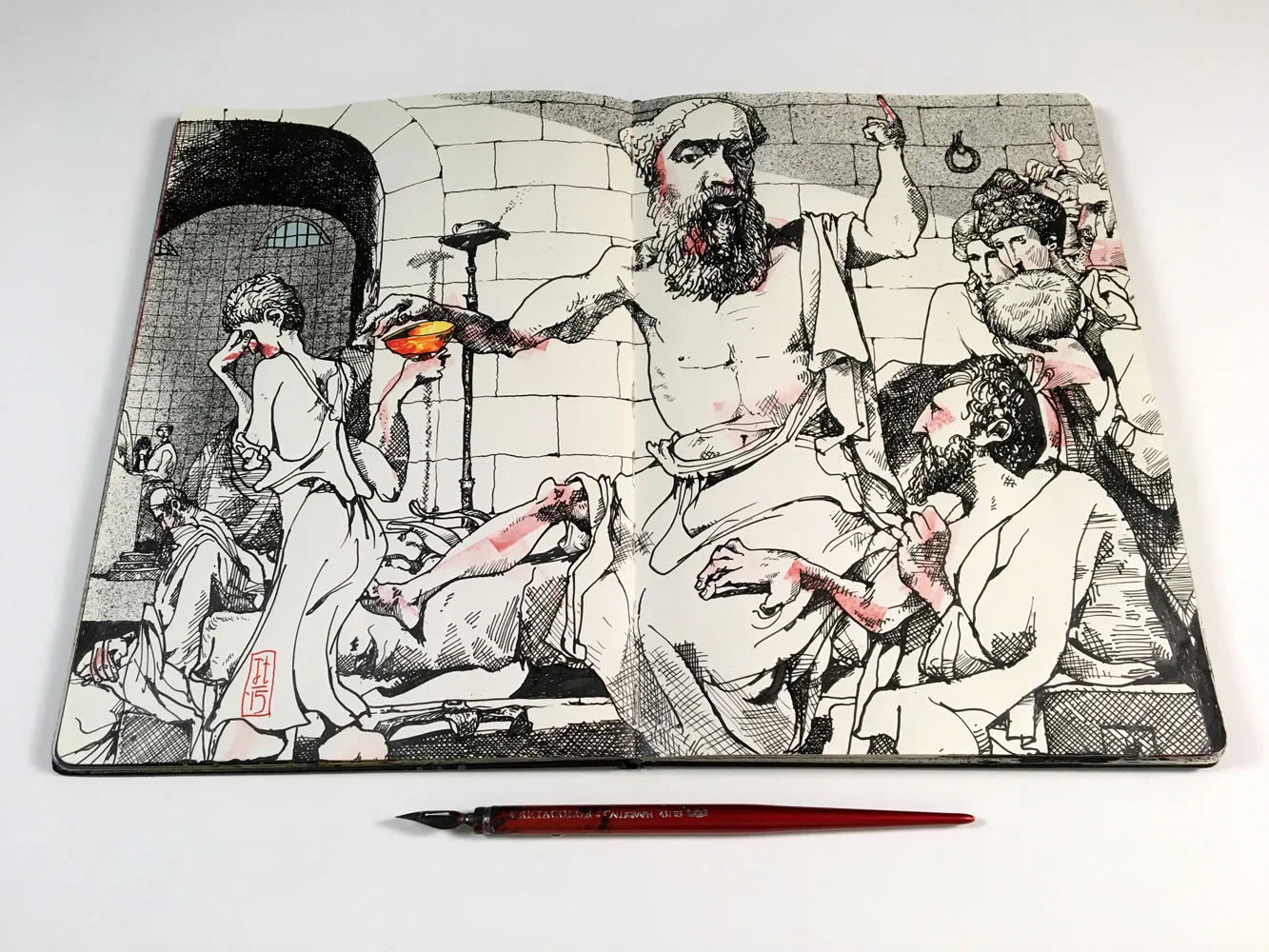 I’d made a drawing of this painting in a sketchbook I was working on at the time. In the Chronicle of Higher Ed article the author speaks of Plato’s teacher, and his choice to drink hemlock and die rather than confess to breaking laws he did not recognize. Though not mentioned by name, we all know that Plato’s teacher was Socrates, and that this “traumatic” event effectively fueled Plato’s life of the mind.