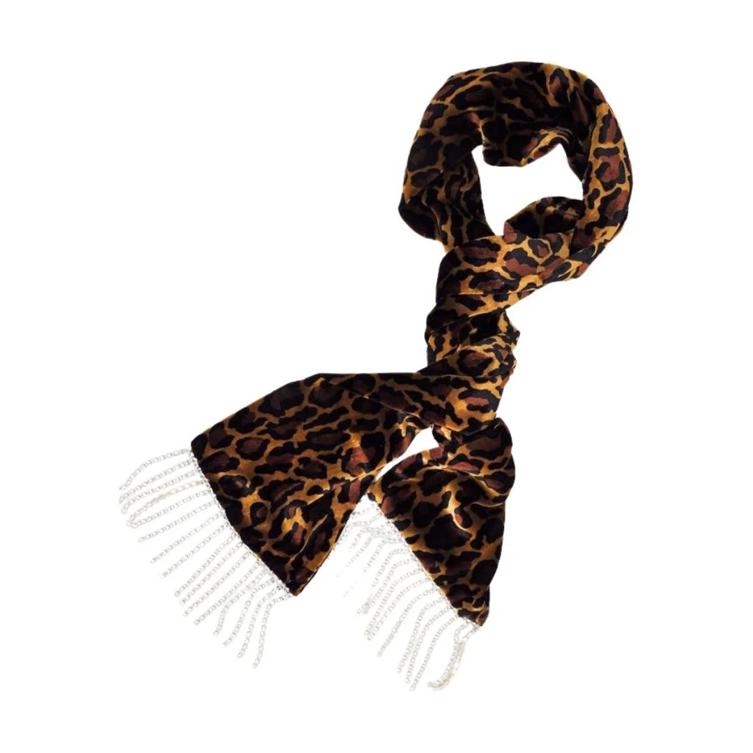 Sellwood Crystal Trim Velvet Scarf I Animal Print Jaguar
