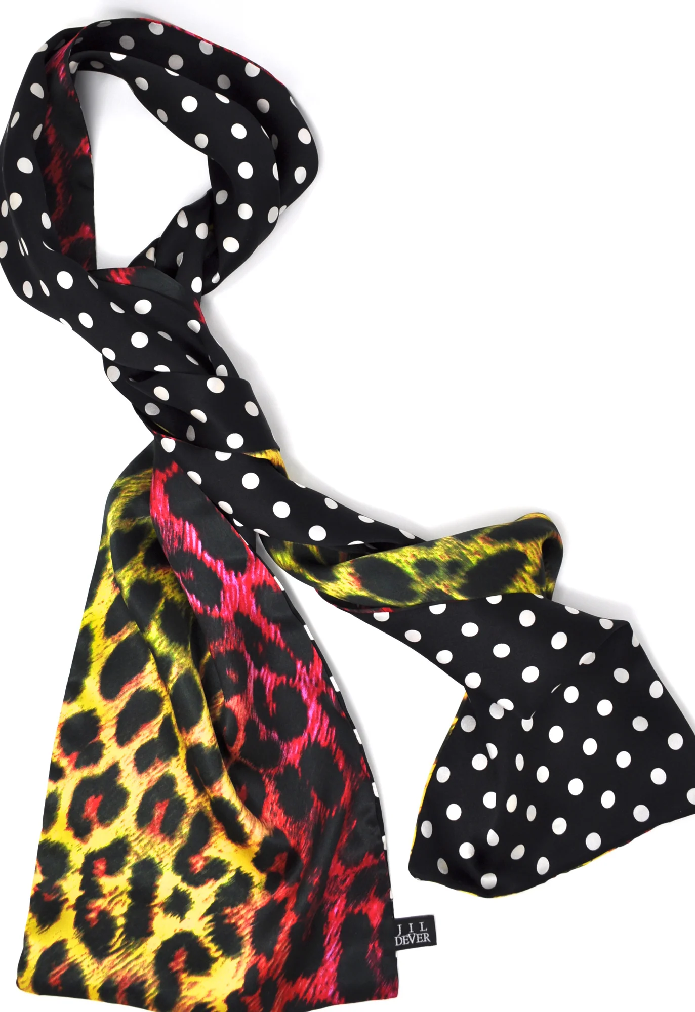 Bright leopard print and black-white dots reversible silk charmeuse luxury scarf