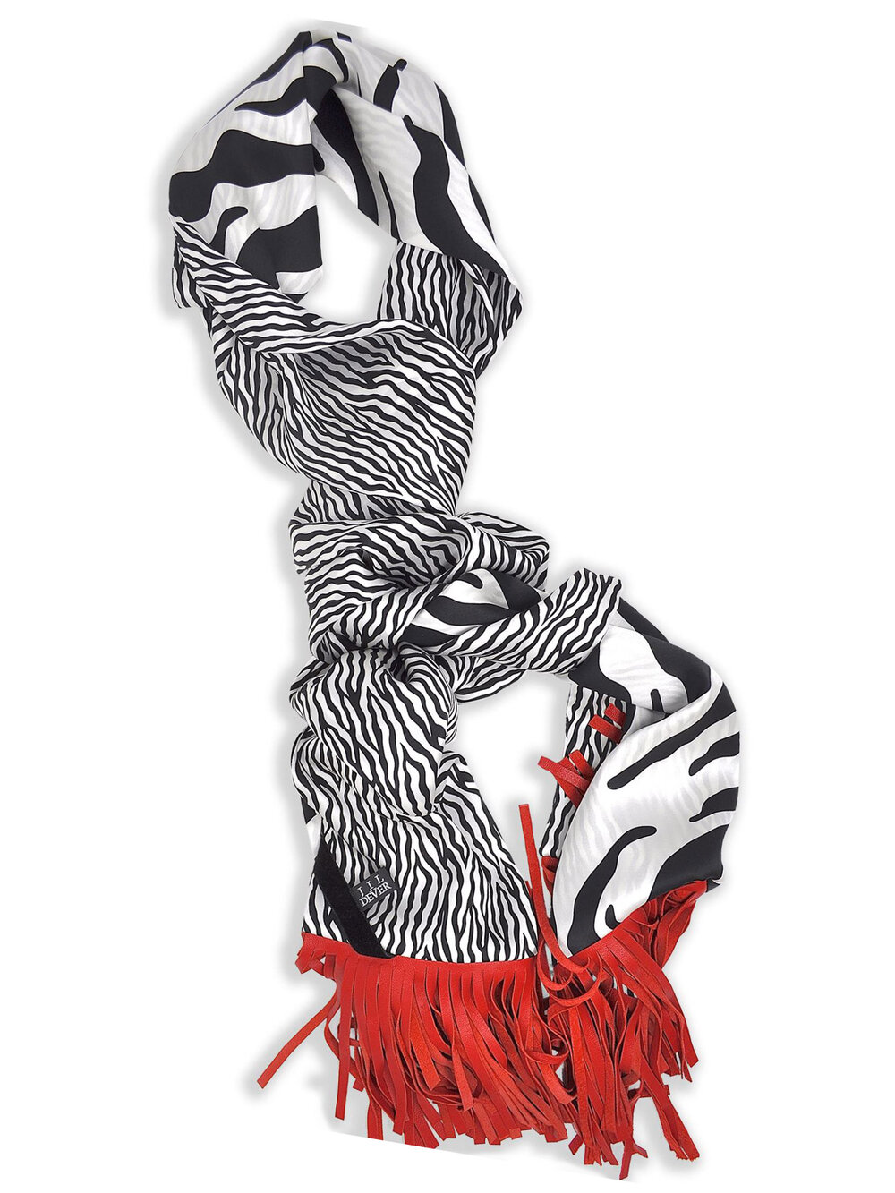 The Lovejoy animal print silk scarf and red leather fringe.
