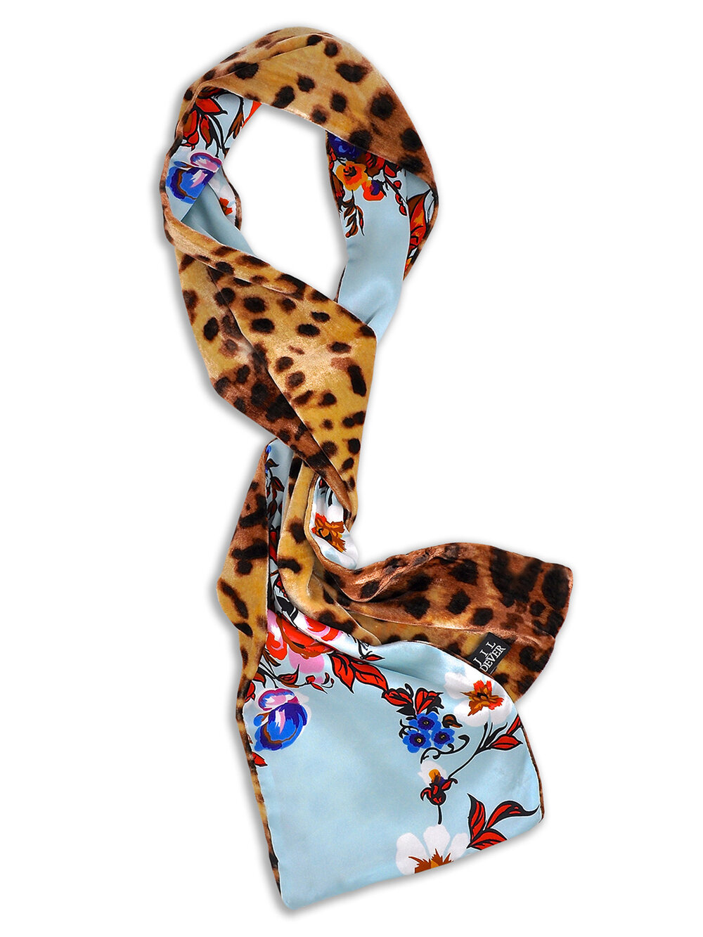Leopard Print Velvet & Blue Floral Silk Reversible Scarf | Park