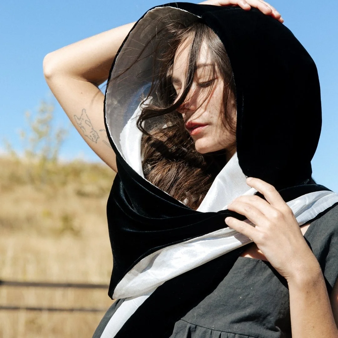 Grace Hood in Silver Silk Lame and Black Velvet