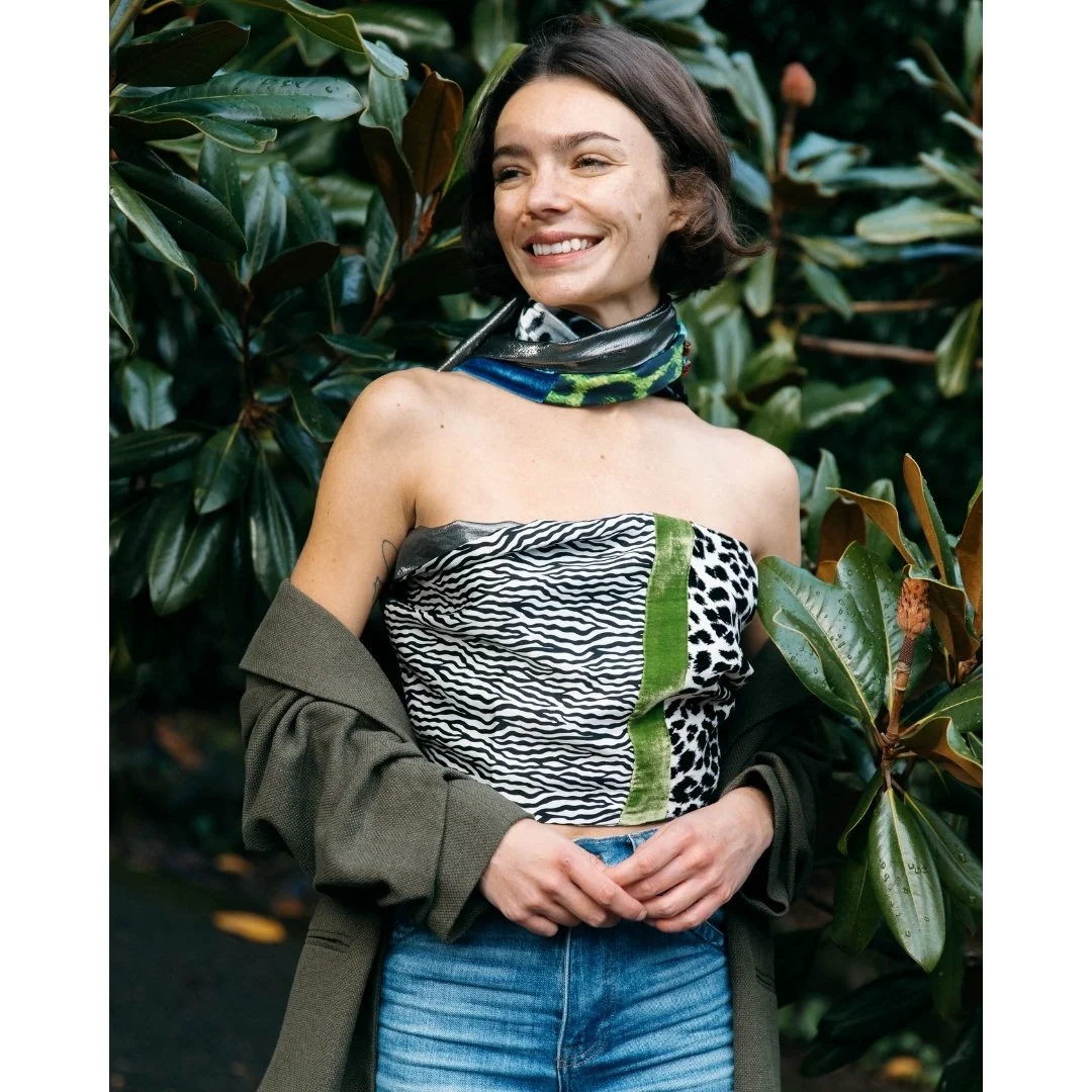 Soho Grande Wrap in Blue silk and velvet patchwork lined in silk lamé  |  Jil Dever Designer Fashion Scarves and Accessories