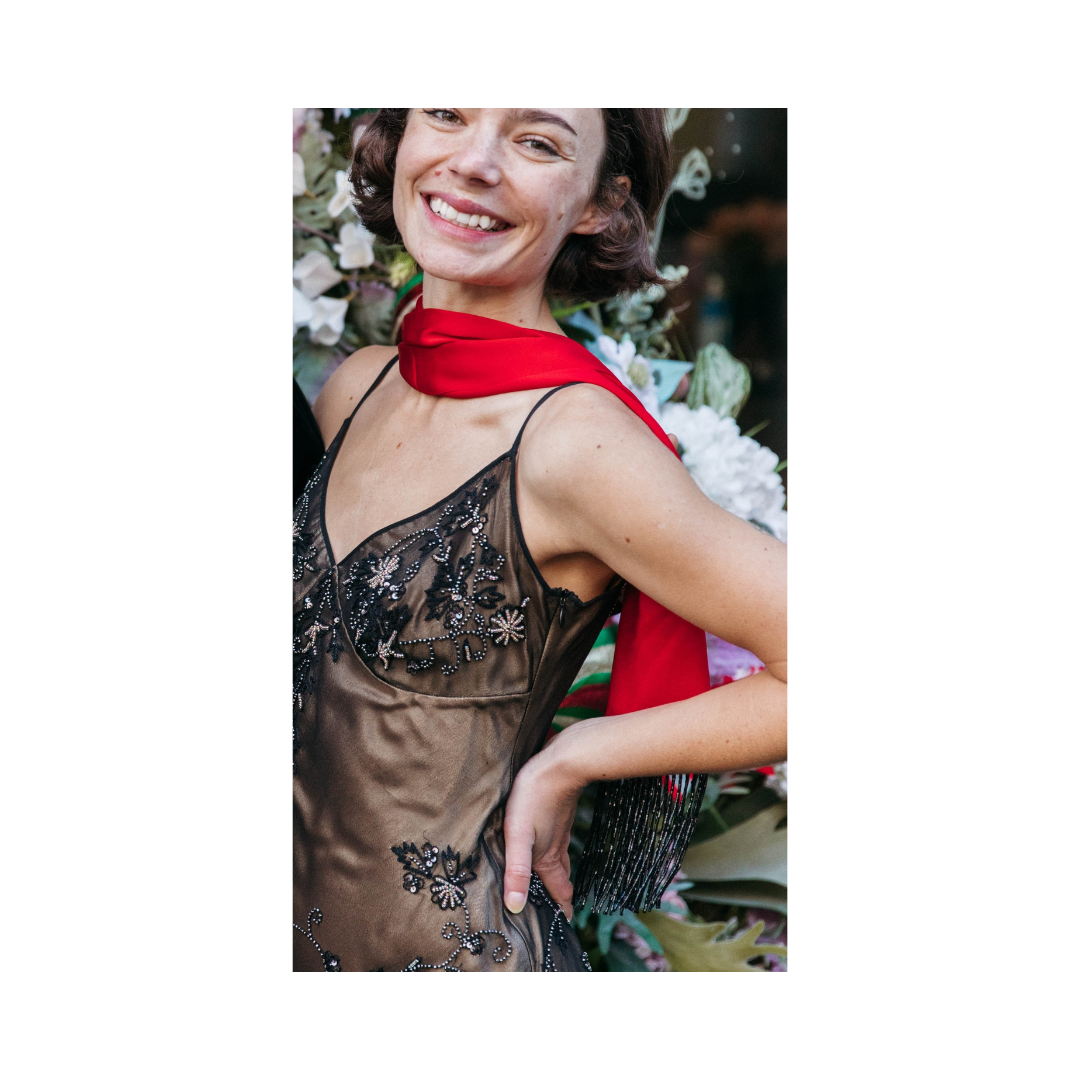 Sassy Luxury in Red Silk Beaded Fringe Scarf