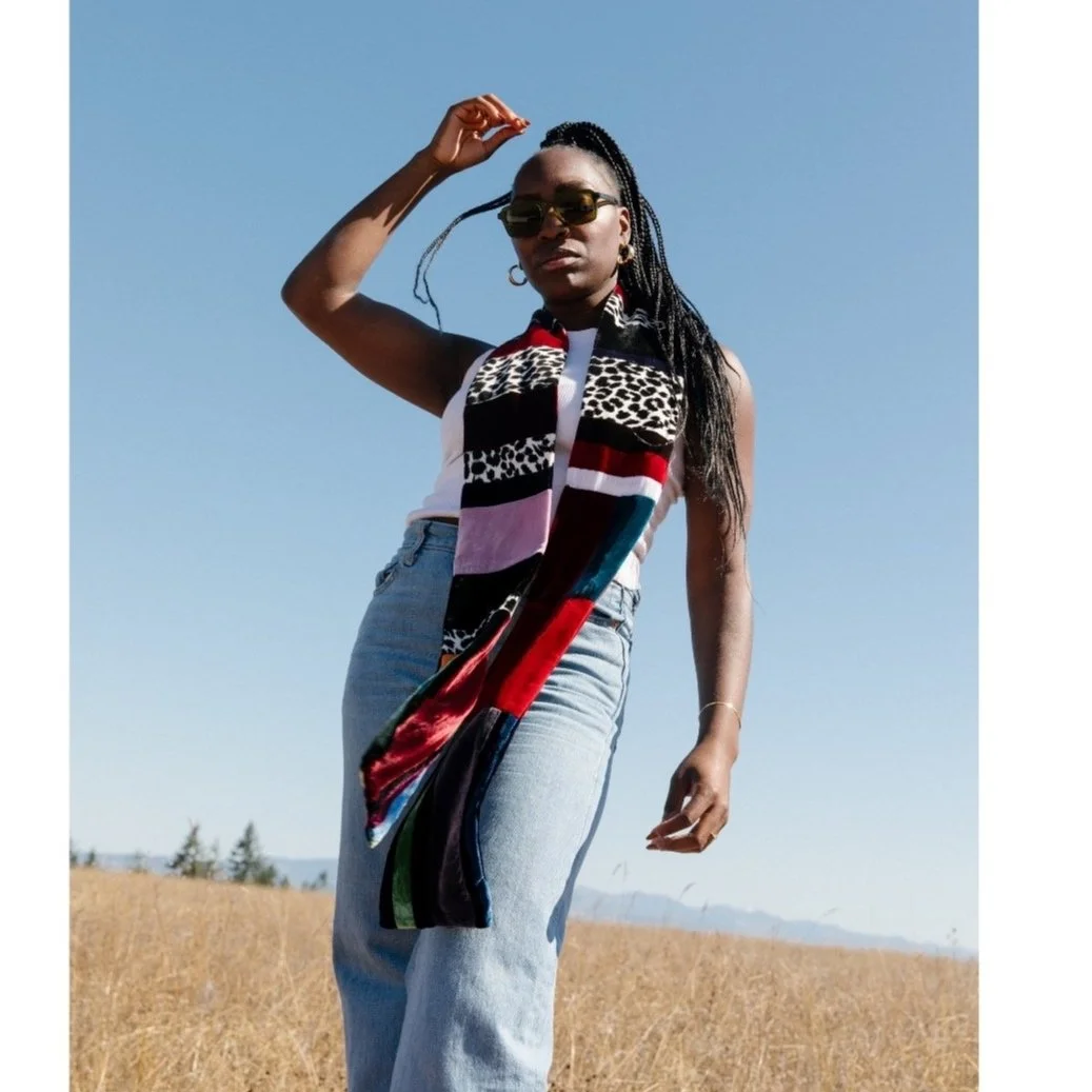 Crosby - Upcycled fashion scarf in silk and velvet patchwork - gender fluid luxury fashion by Jil Dever