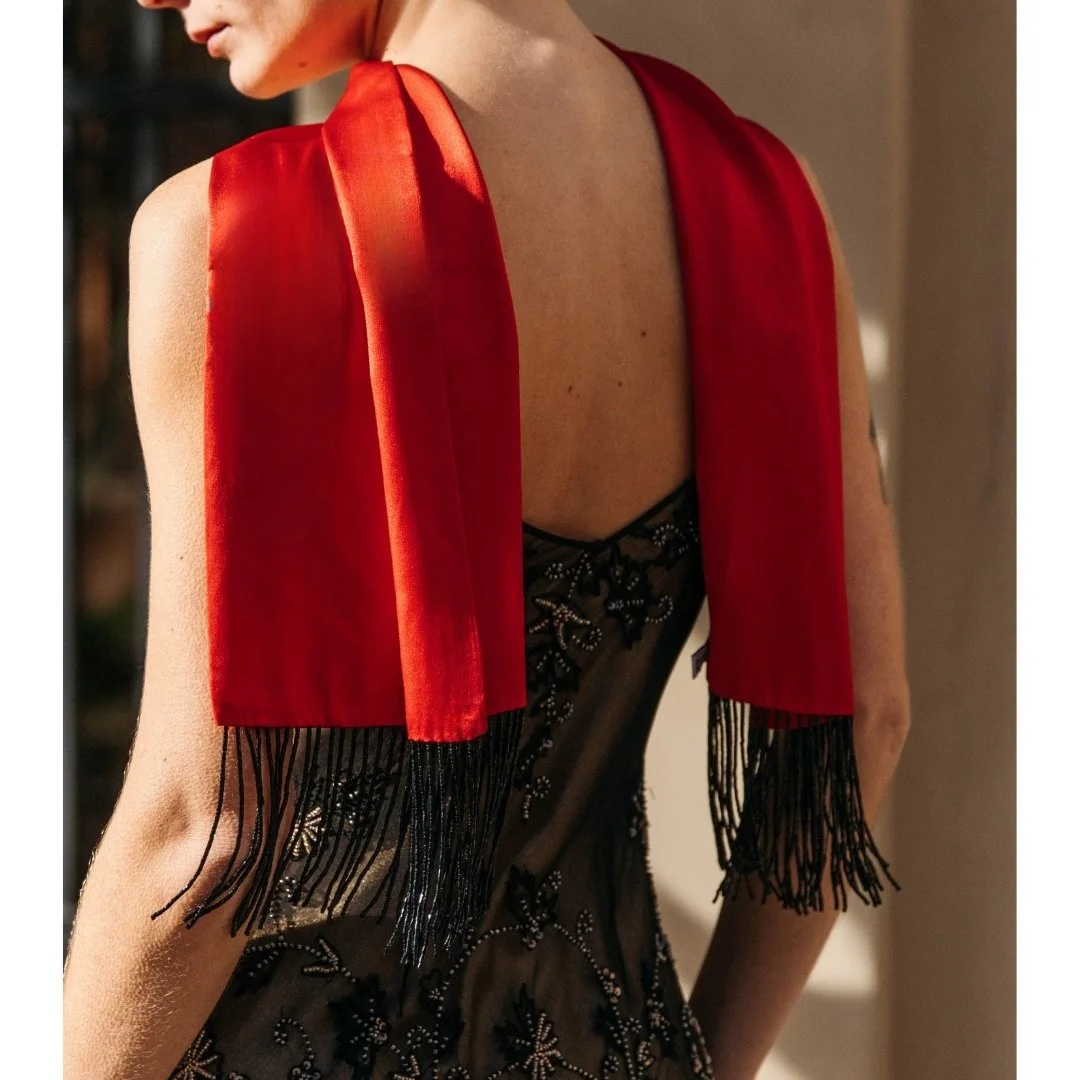 Tux Scarf in Silk Charmeuse Trimmed in Dazzling Beaded Fringe by Jil Dever