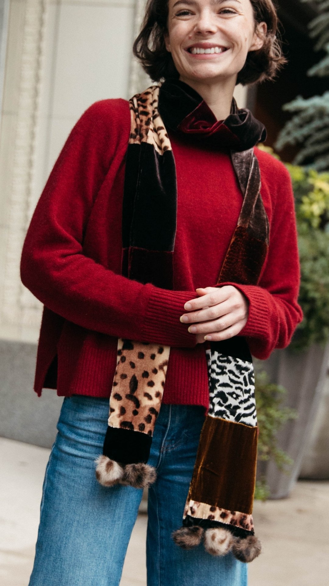 Crosby Scarf in long patchwork oblong fringed in leopard pompoms - Luxury Sustainable Designer Fashion Accessory I RE Love Collection headwrap hair accessory