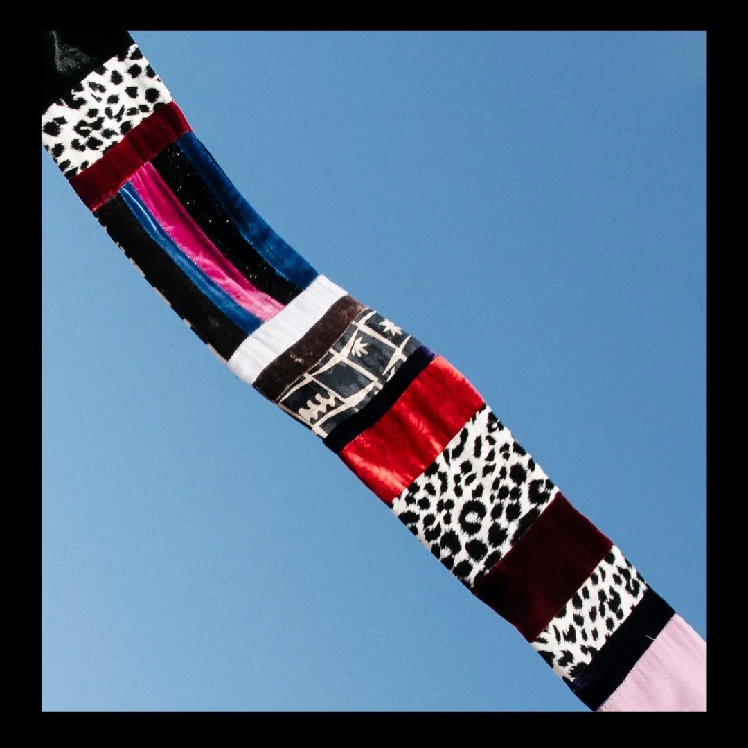 Crosby - Upcycled fashion scarf in silk and velvet patchwork - gender fluid luxury fashion by Jil Dever