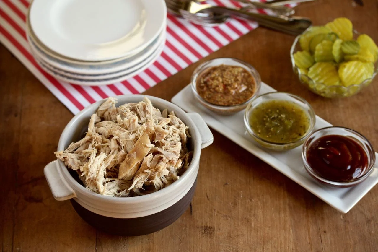 Slow Cooker Pulled Chicken: Flavorful and versatile. I have to admit, I was nervous about how it might turn out given there were so few ingredients (4) and spices (3 - of which two are salt and pepper). My house smelled delightful all day and the chicken turned out to be delicious. I used it in a quinoa bowl for lunches and included it in the freezer burritos.