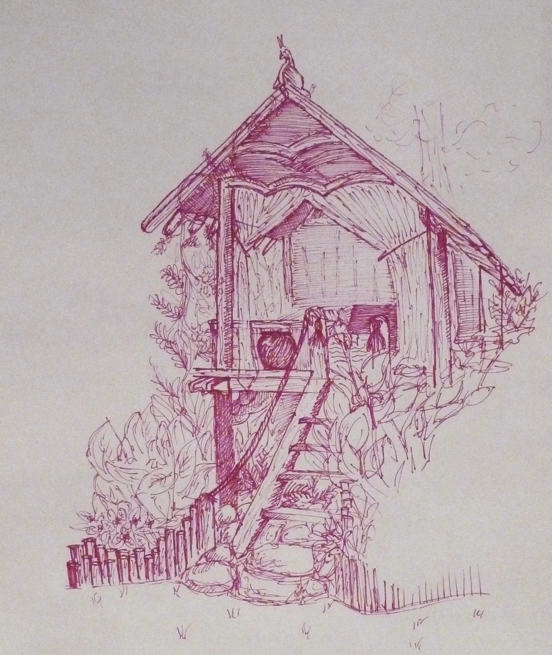 Ink line drawing of fantasy house