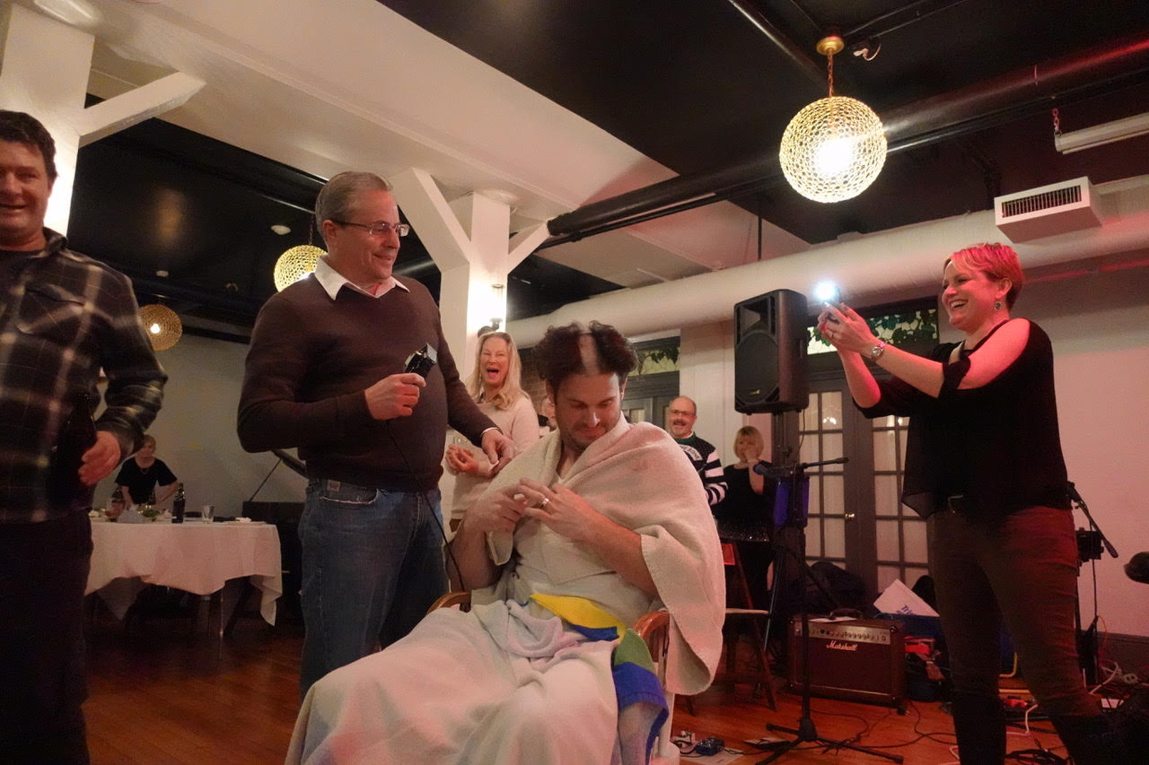 It's payback time!!! Father in Law shaves Joe's head for charity!