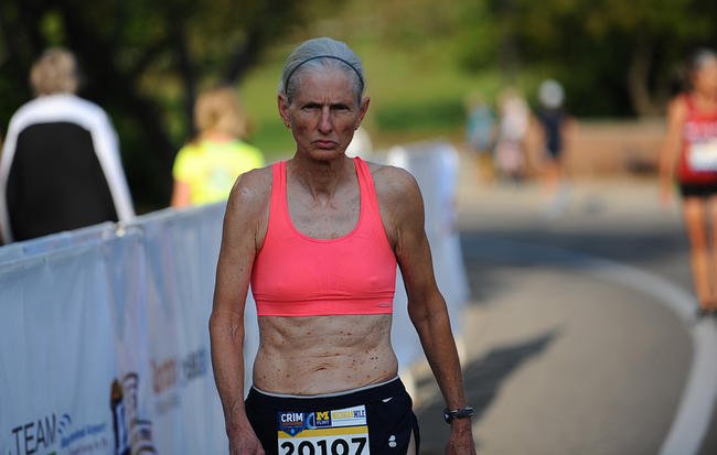 Sabra Harvey, 68, gets focused before the start of the mile race at the Crim Festival of Races in Flint, Michigan, this August. DAVE MCCAULEY/RUNMICHIGAN.COM