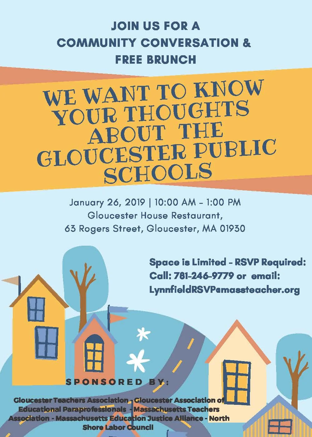 Image Description: Gloucester Teachers Association We Want to Know your Thoughts about the Gloucester Public Schools. Space is Limited RSVP required 781-246-9779 or LynnfieldRSVP@massteacher.org