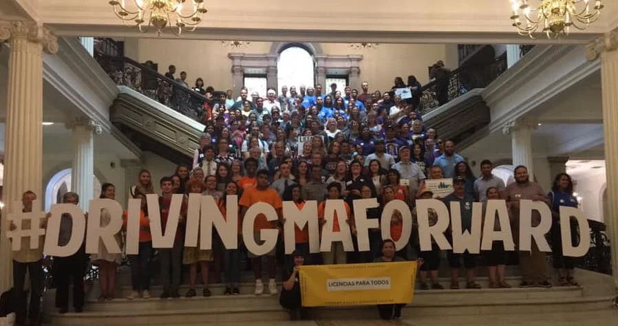 Group photo of lobbyist at MA Statehouse for #DrivingMAForward campaign, July 30, 2019