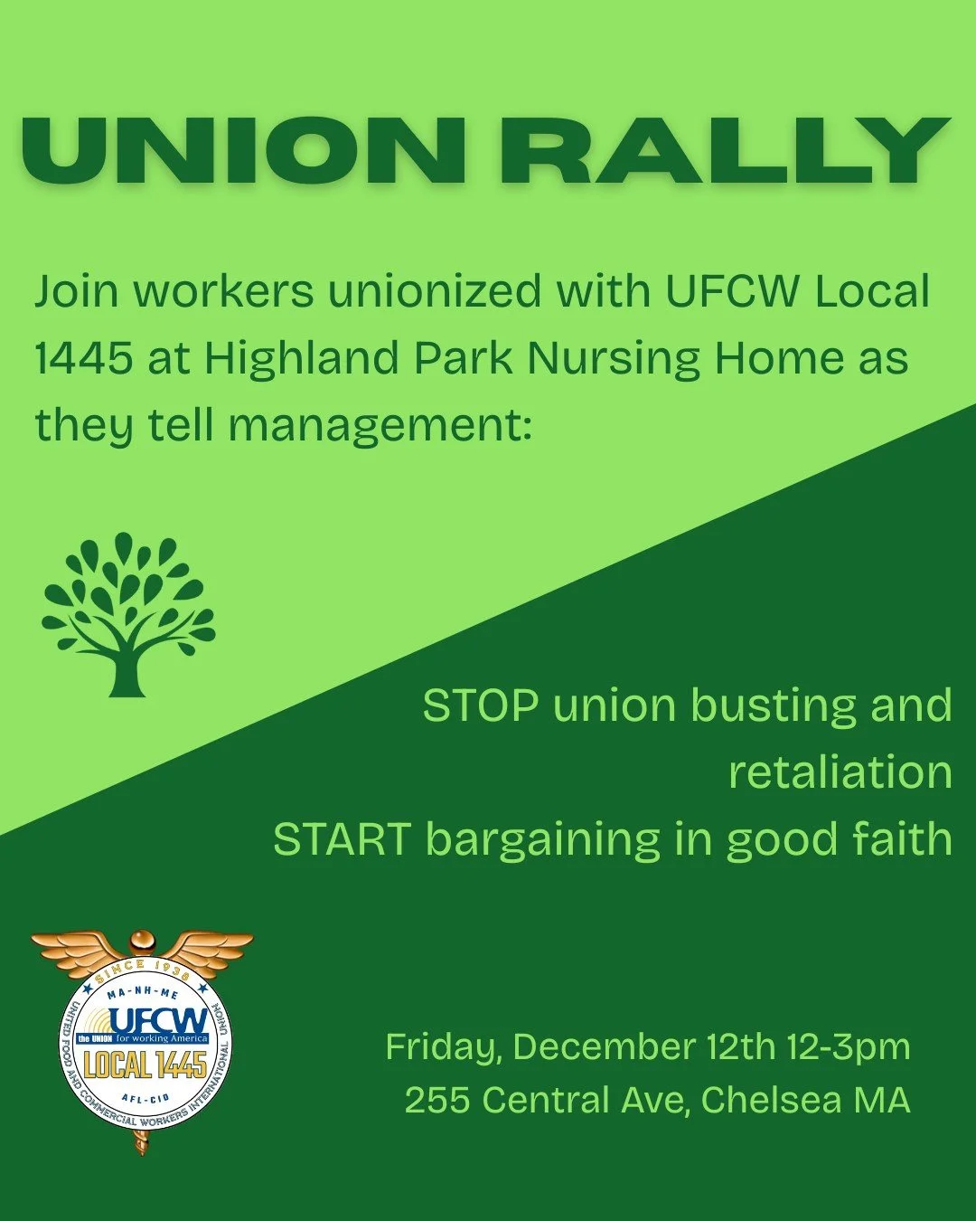Stand with UFCW Local 1445!

Workers at Highland Park Nursing Home are facing retaliation, firings, and an employer refusing to bargain in good faith. The labor community is coming together to demand better.

📅 Friday, Dec 12 | 12&ndash;3PM
📍 255 C