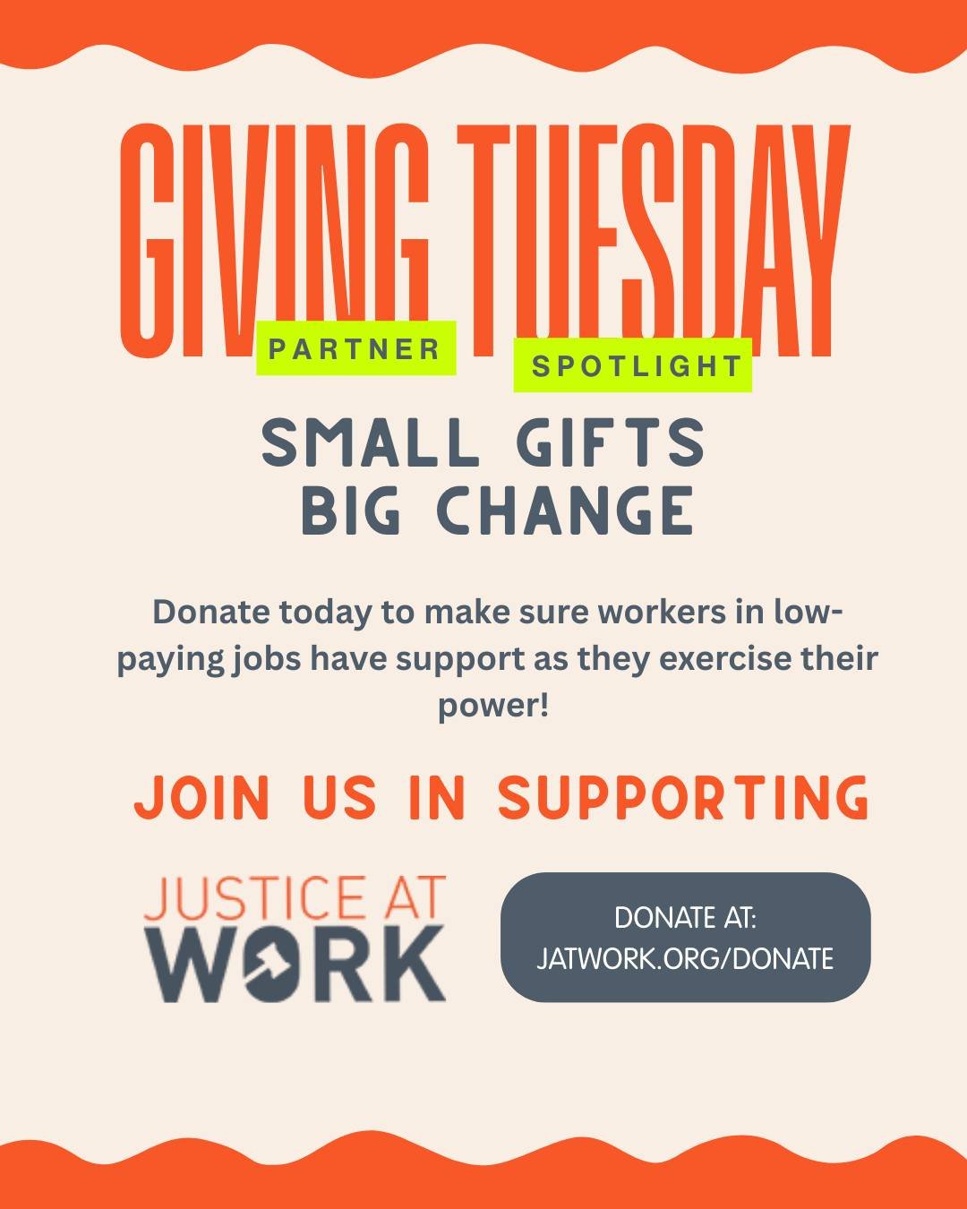 ✨ Partner Spotlight ✨

With Giving Tuesday coming up, we&rsquo;re proud to highlight our partner @justice_at_work  and lift up the powerful work they&rsquo;re doing to defend workers&rsquo; rights and build a fairer labor movement for everyone. 💪🏽
