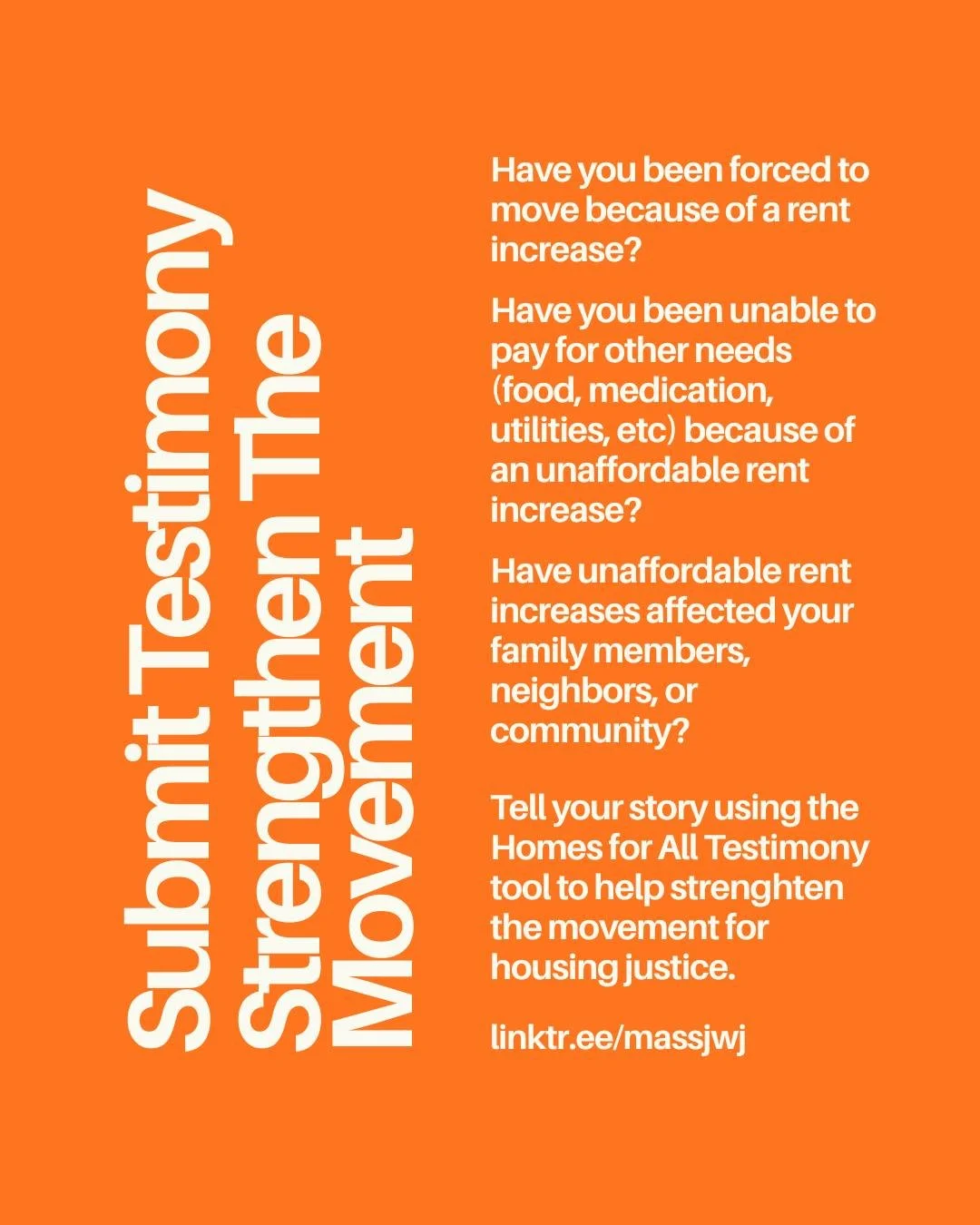 The movement for housing justice  starts with YOU.

Before December, share your story with the Joint Committee on Housing and show your support for the Homes for All Mass rent stabilization bill.

Your experiences as a renter, homeowner, or ally help