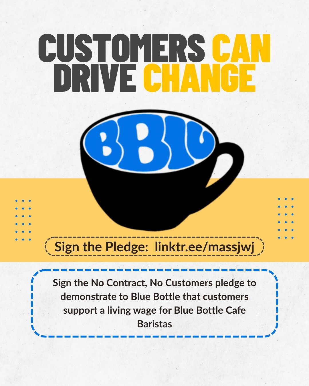 💥 Customers Can Drive Change!
No Contract, No Customers!

Blue Bottle Coffee workers have voted to authorize an unfair labor practice strike at every unionized caf&eacute; and these baristas need our solidarity now more than ever.

For a year, Blue 