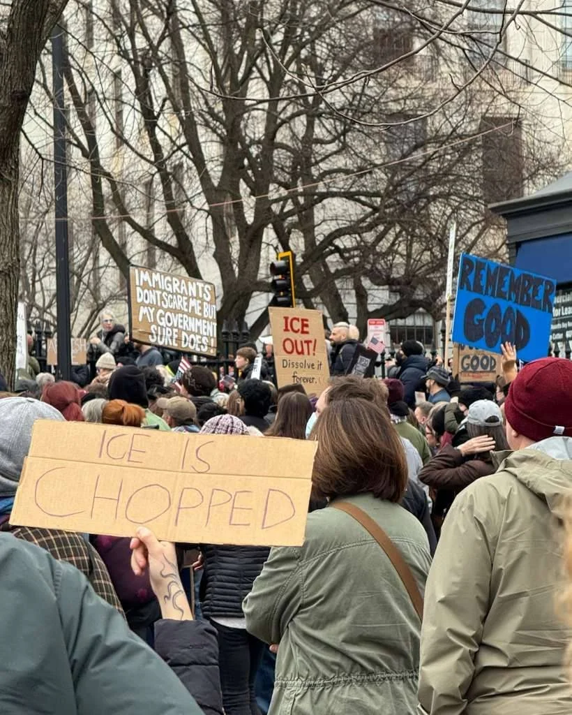 Signs held in solidarity.

A reminder that when our communities are under attack, we show up.
For dignity, safety, and belonging for all.

The messages people carried say a lot.
We&rsquo;re listening. Organizing. Working for change.