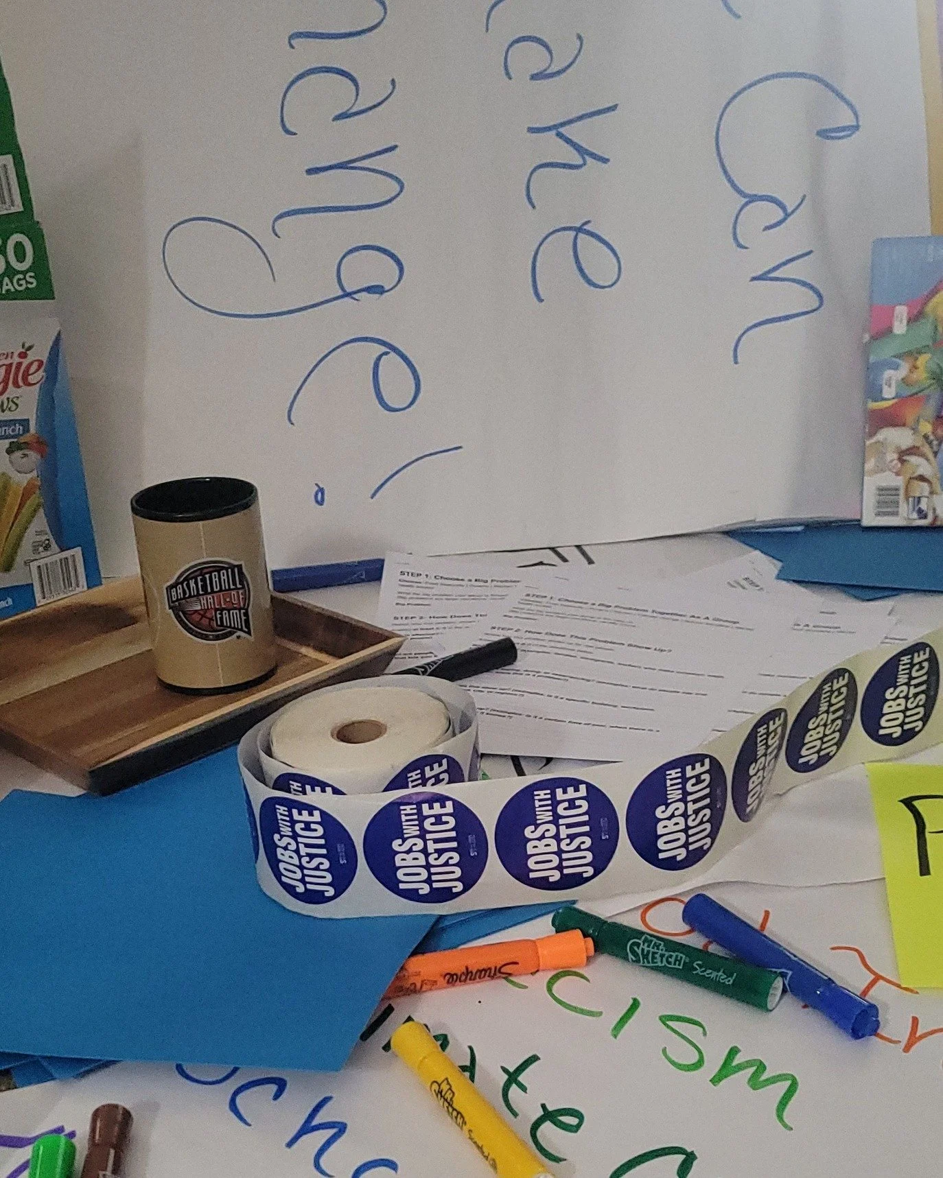 Behind the scenes of a youth organizing training prep at MA JwJ. 

Markers everywhere. Chart paper full. Coffee cup at the ready. Snacks by our side. 

Big problems on the table and working hard to support young people learning how to turn them into 