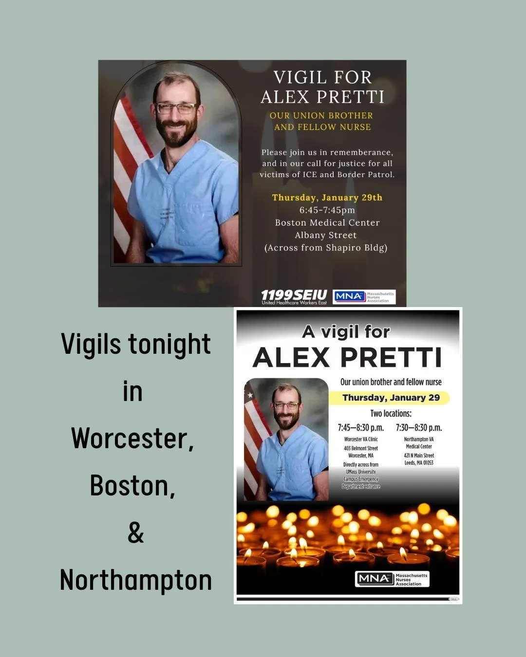 We gather tonight in grief and remembrance.

Vigils are being held to honor the life of Alex Pretti and to hold space together in a moment of loss. These gatherings are a time to mourn, reflect, and stand with one another.

Tonight&rsquo;s vigils:
&b