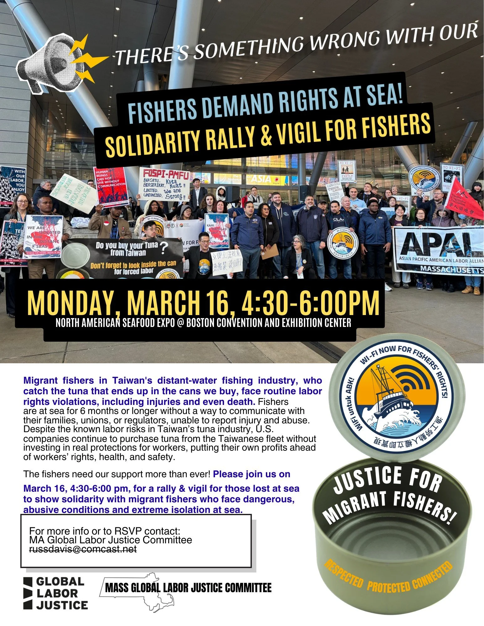 Fishers Demand Rights at Sea
Monday, March 16, 4:30-6:00pm: Solidarity Rally &amp; Vigil for Fishers North American Seafood Expo-Boston Convention and Exhibition Center, Boston, MA 02210

Migrant fishers in Taiwan's distant-water fishing industry, wh