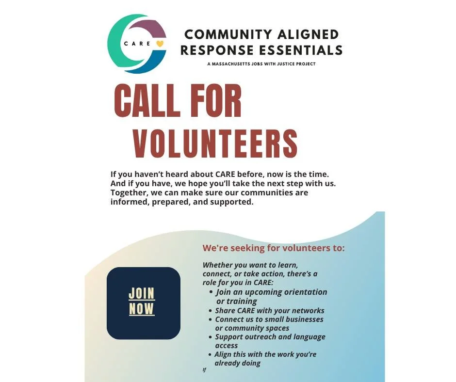 Have you heard about CARE? 

We&rsquo;re building something powerful across Massachusetts, and we need you in it.

The CARE Initiative (Community Aligned Response Essentials) is bringing together businesses, employers, workers, and volunteers to make